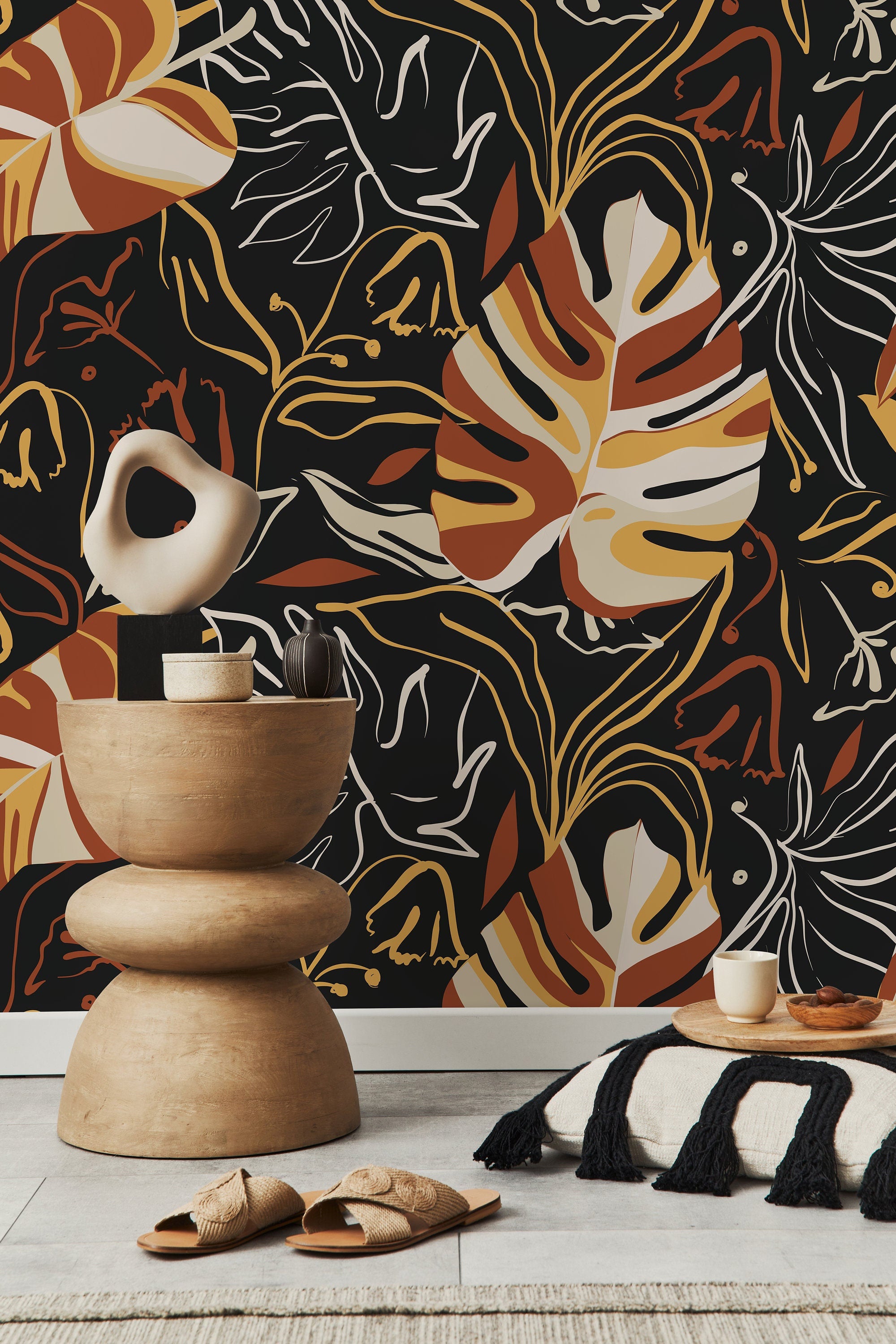 Abstract Botanical Wallpaper With Stylized Leaves In Terracotta, Ochre, And Beige - D367