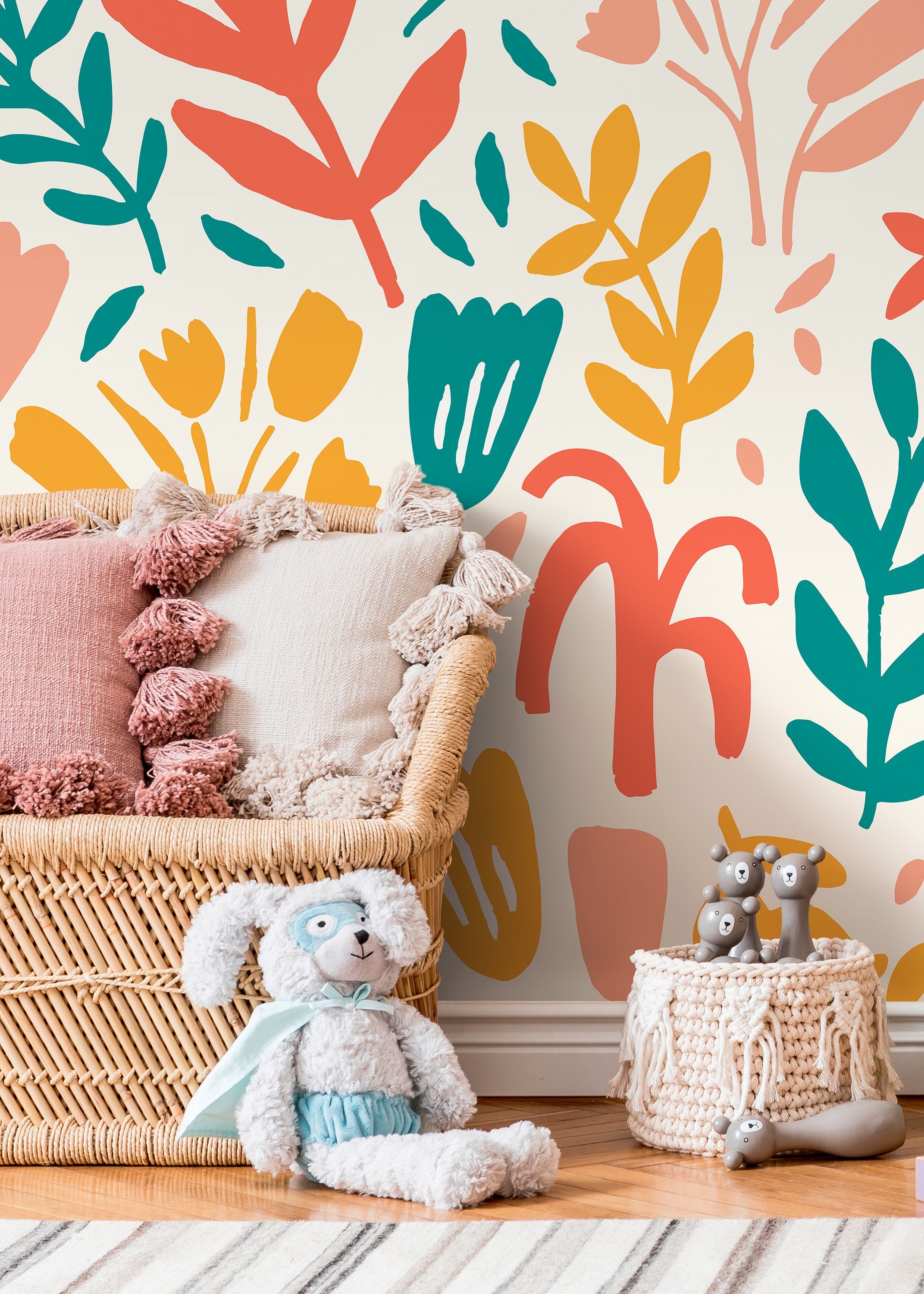 Abstract Floral Wallpaper With Botanical Cutouts In Teal, Coral, And Yellow - D371