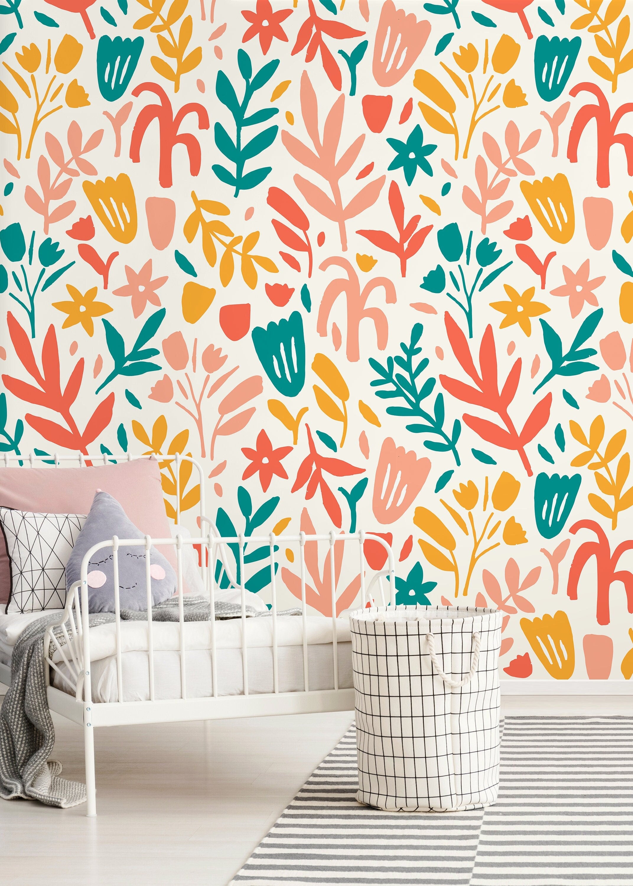 Abstract Floral Wallpaper With Botanical Cutouts In Teal, Coral, And Yellow - D371