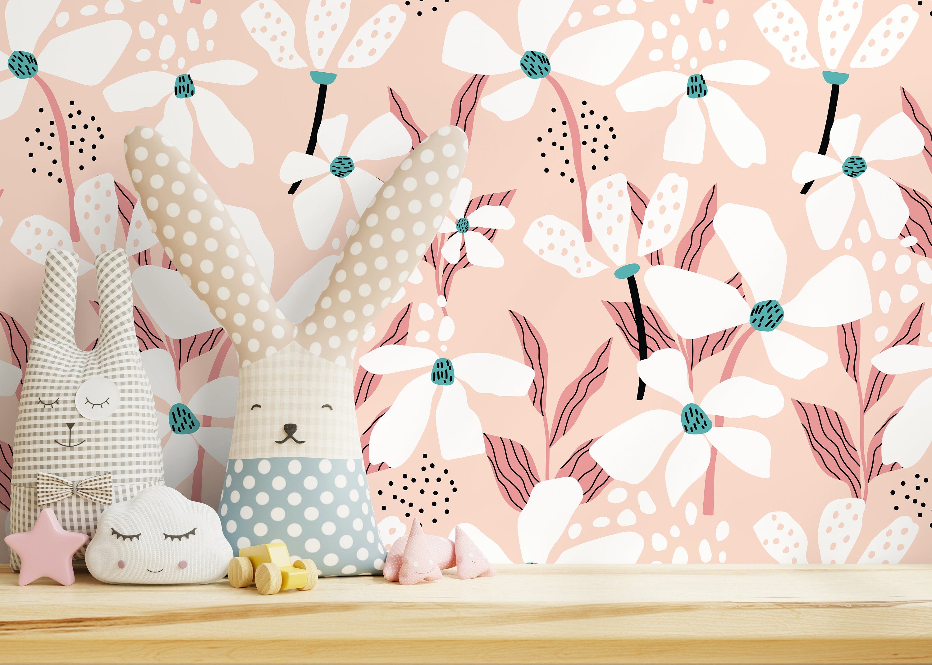 Floral Wallpaper With Stylized Abstract Flowers In Pink, Teal, And Black - D372
