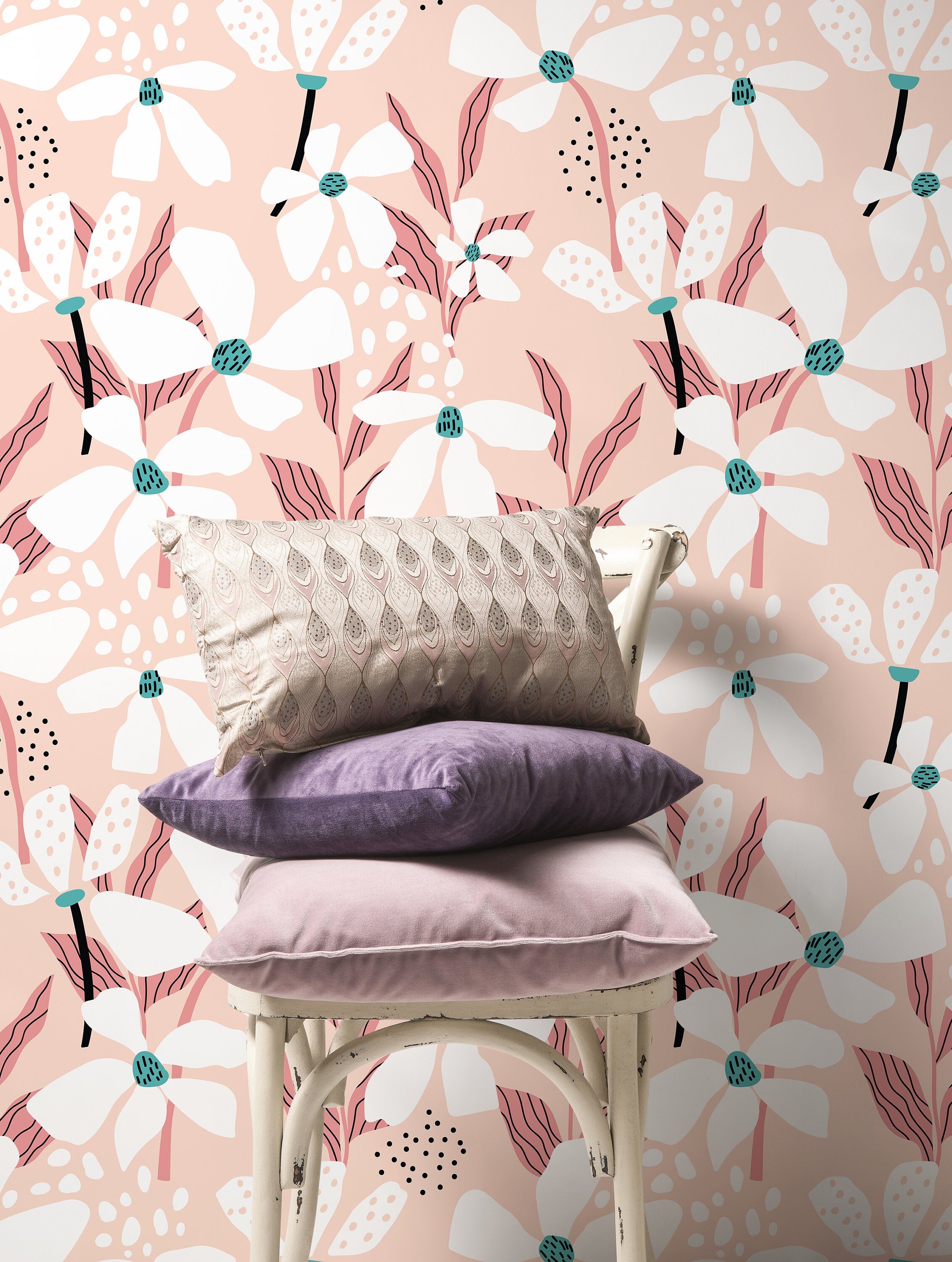 Floral Wallpaper With Stylized Abstract Flowers In Pink, Teal, And Black - D372