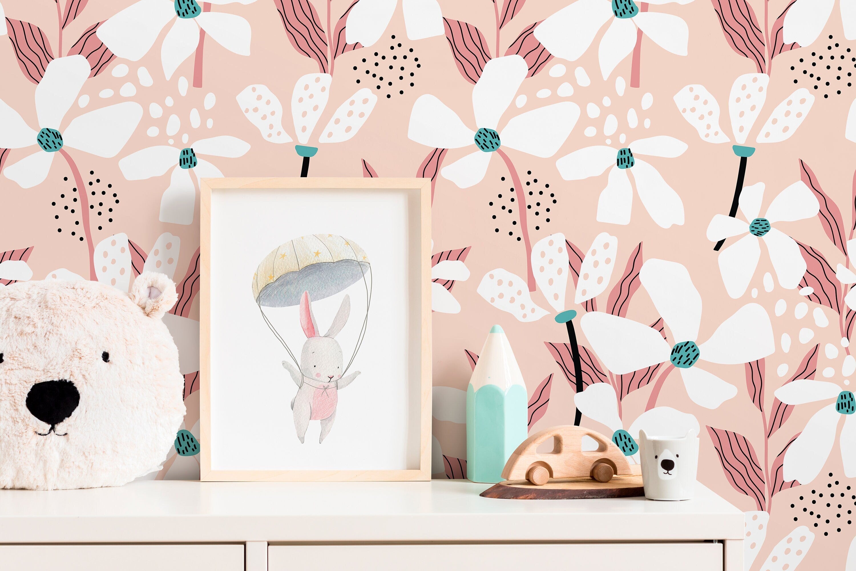Floral Wallpaper With Stylized Abstract Flowers In Pink, Teal, And Black - D372