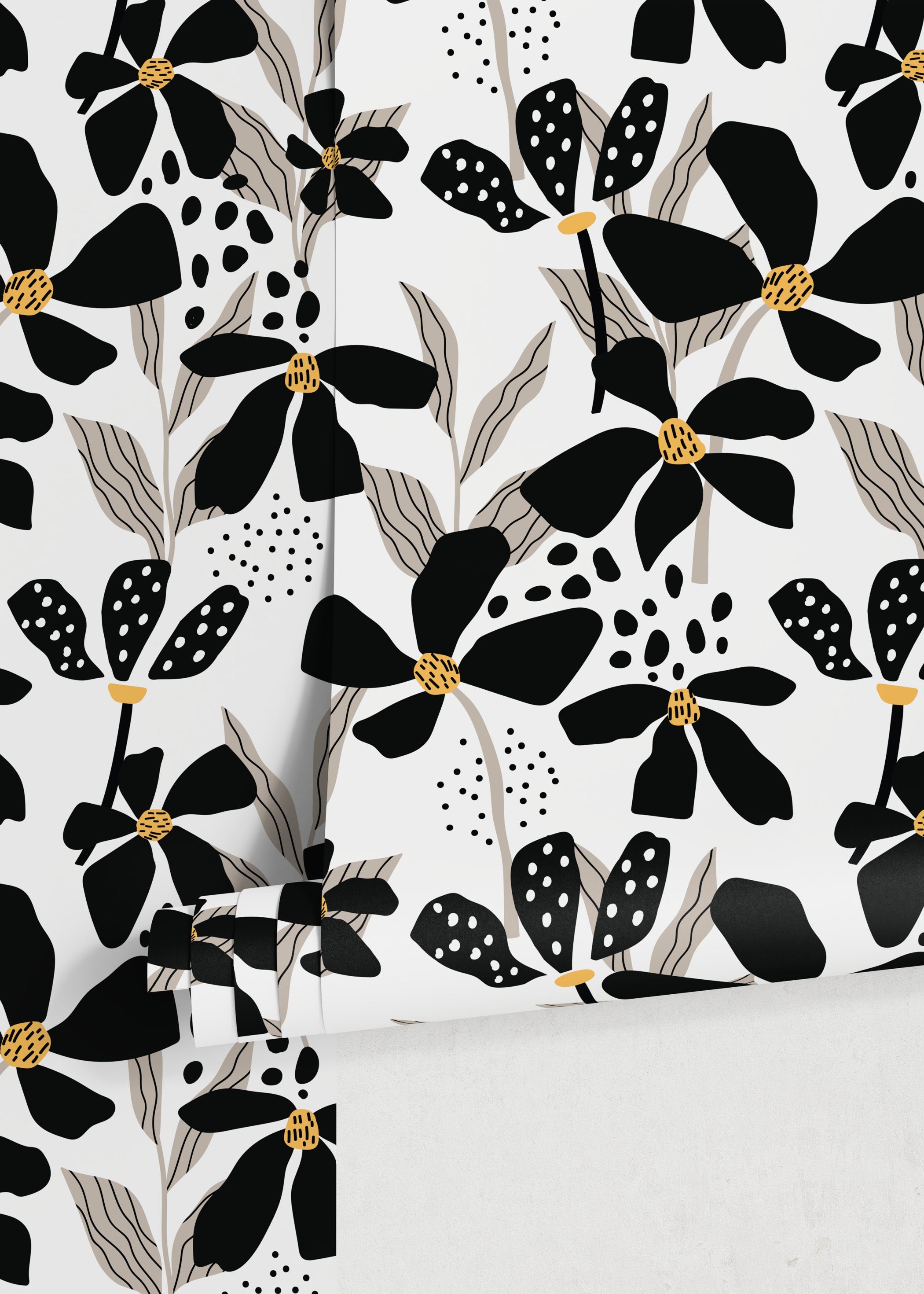 Floral Wallpaper With Abstract Flowers In Black, Taupe, And Yellow - D373