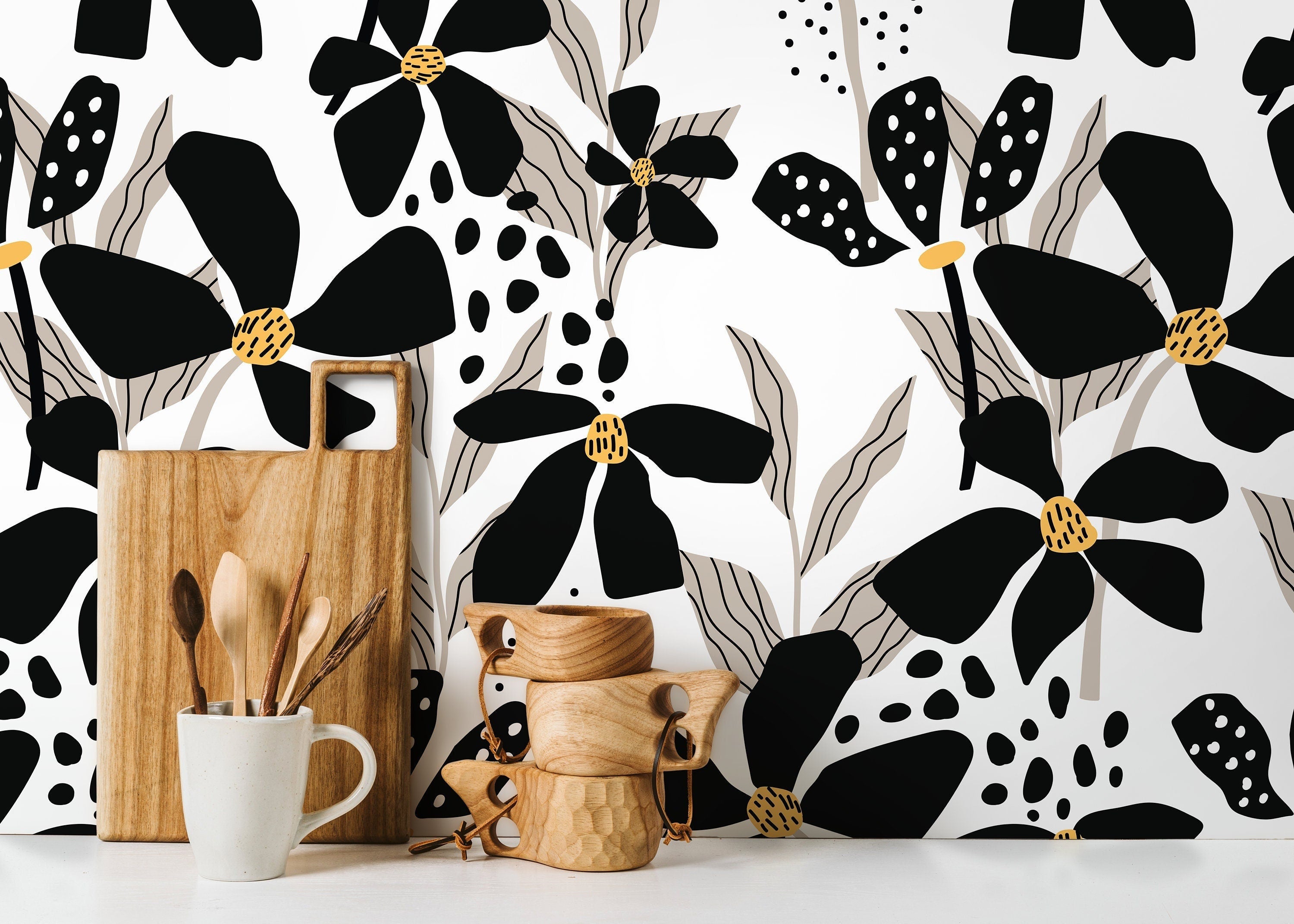 Floral Wallpaper With Abstract Flowers In Black, Taupe, And Yellow - D373