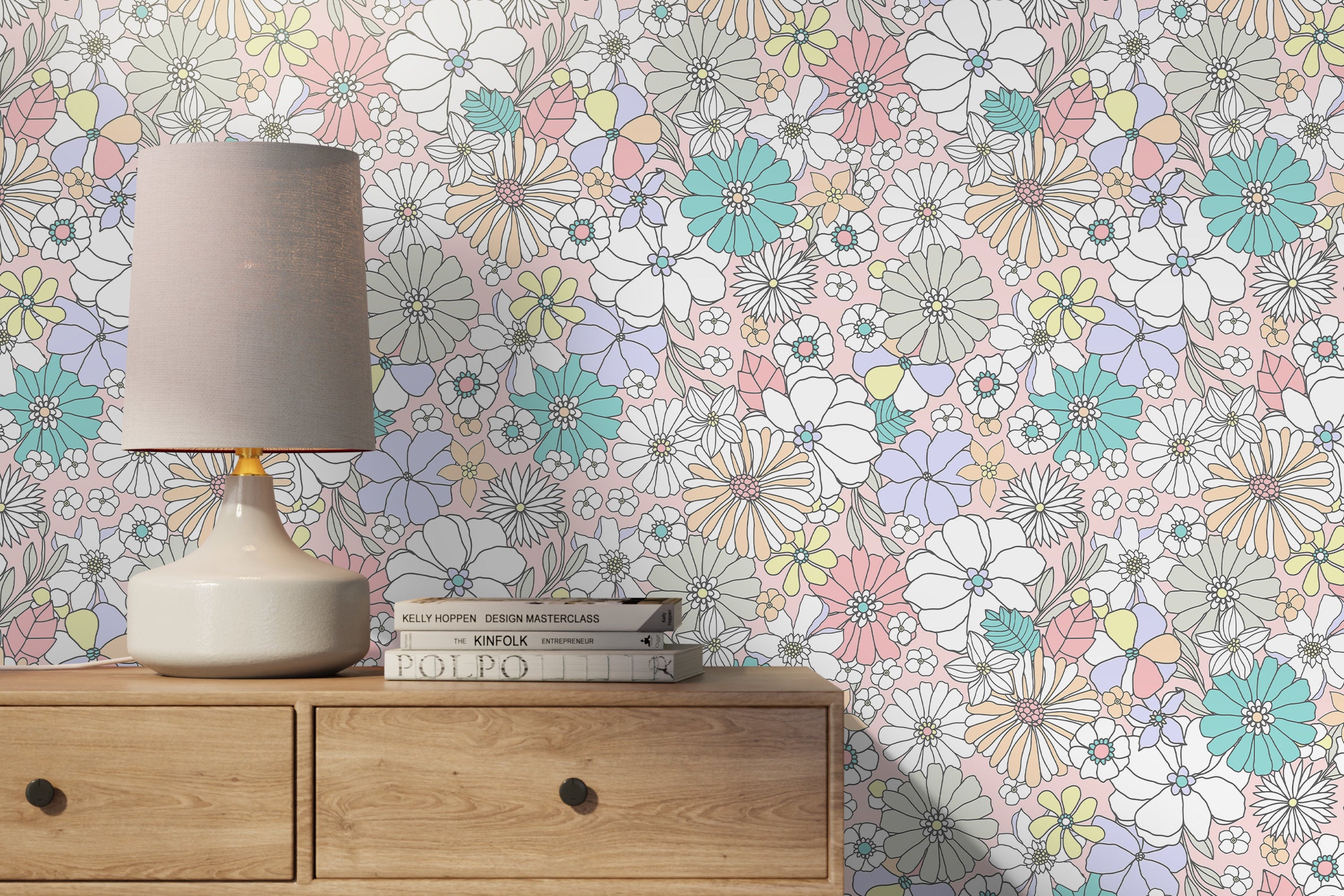 Floral Wallpaper With A Groovy Retro Print In Pink, Teal, And Yellow - D376