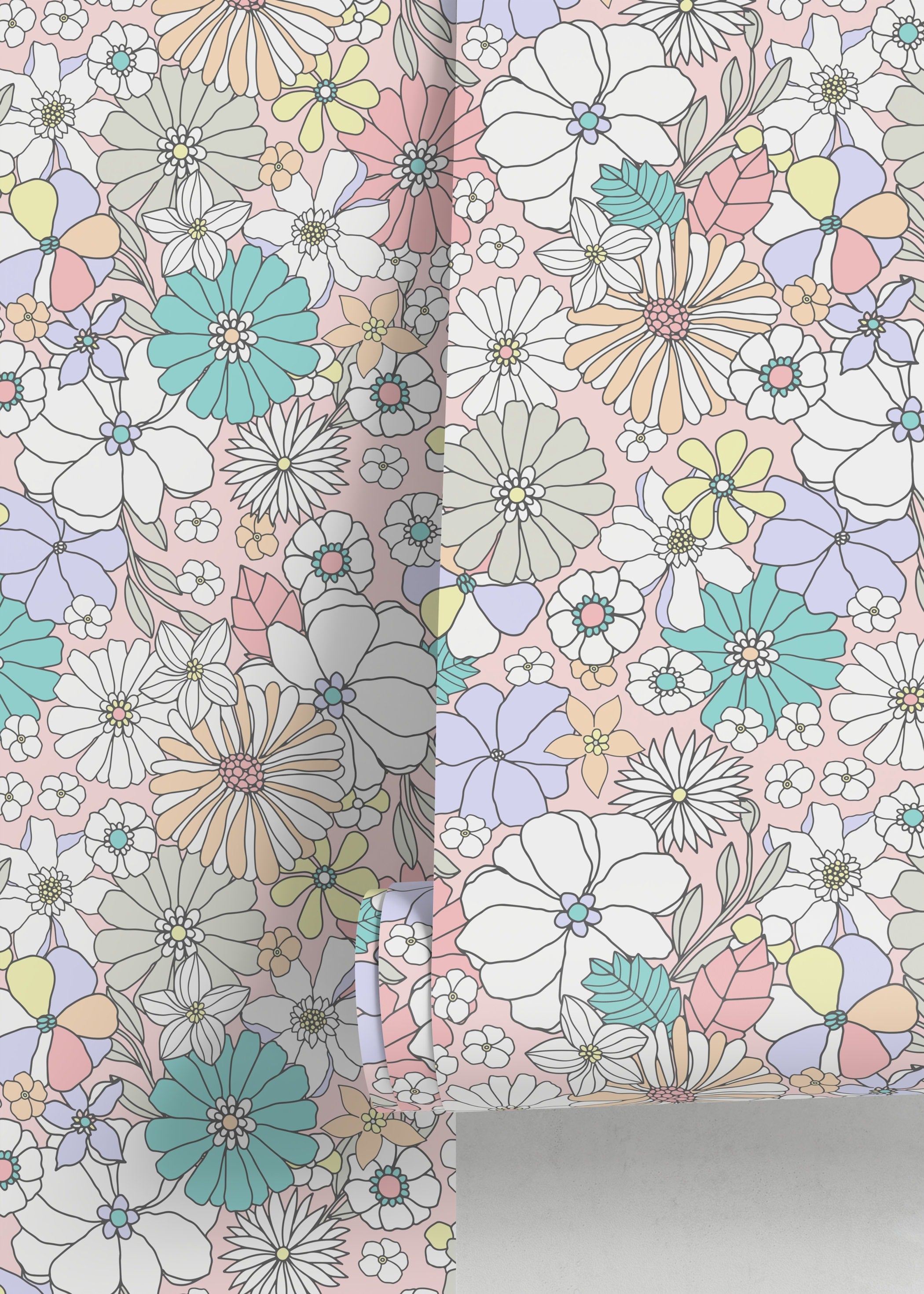 Floral Wallpaper With A Groovy Retro Print In Pink, Teal, And Yellow - D376