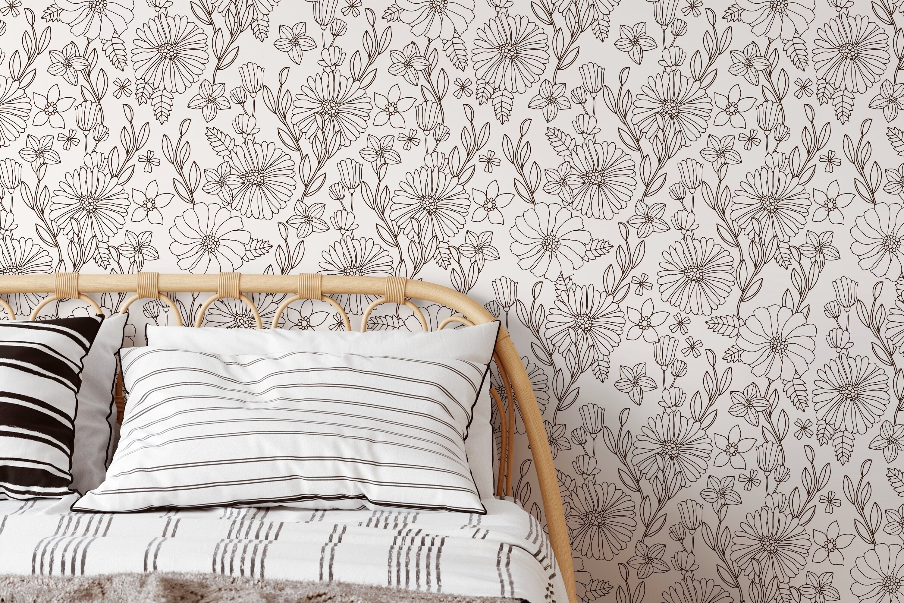 Floral Wallpaper With A Line Art Botanical Motif In Dark Brown - D378