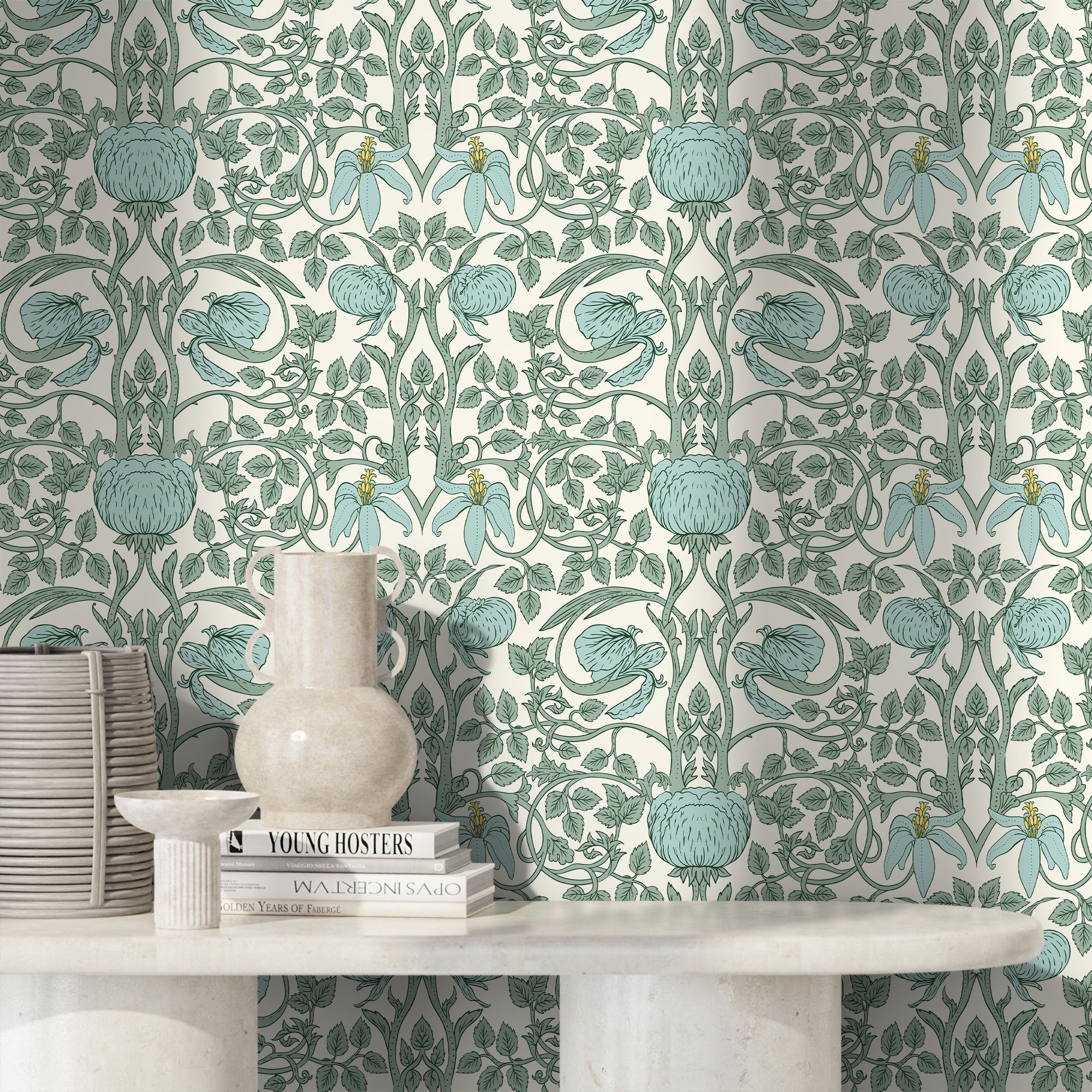 Art Nouveau Wallpaper With Elegant Floral Vines In Green And Blue - D479