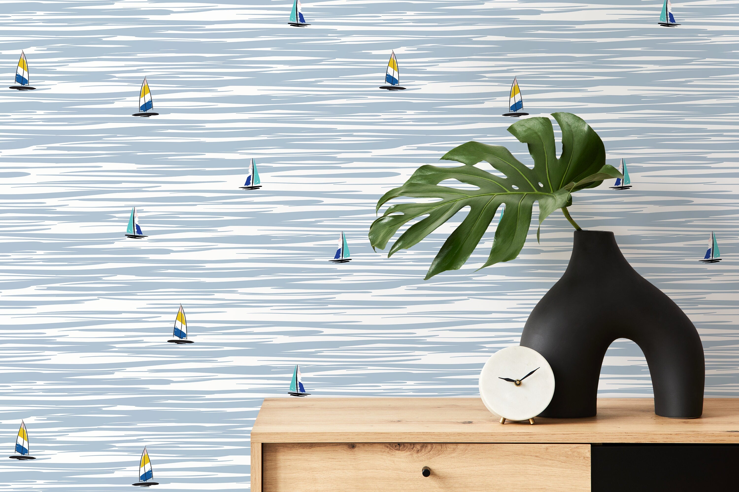 Nautical Wallpaper With Stylized Sailboats In Blue, Yellow, And Teal - D480