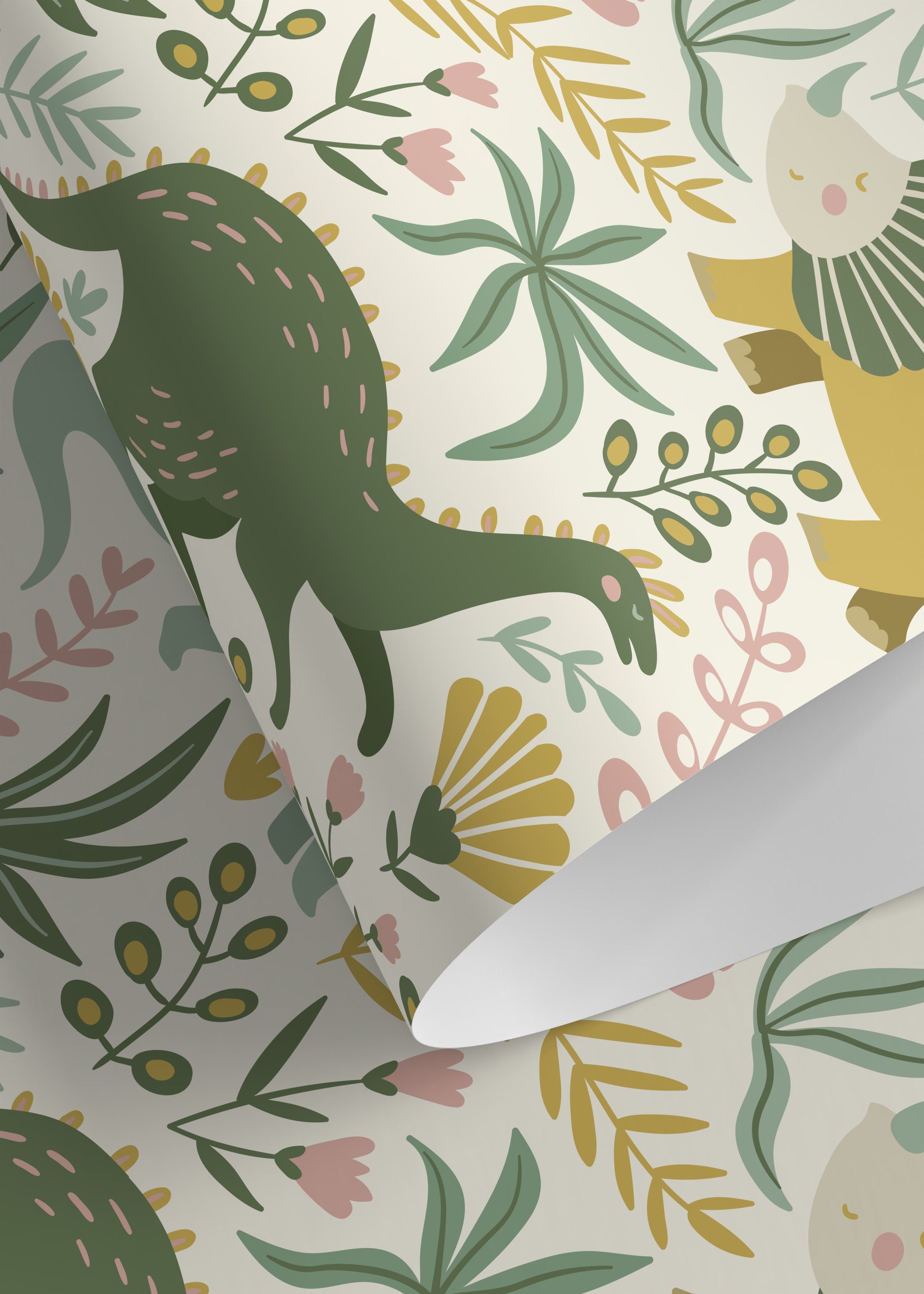 Dinosaur Wallpaper With Botanical Elements In Pink, Green, And Yellow - D482
