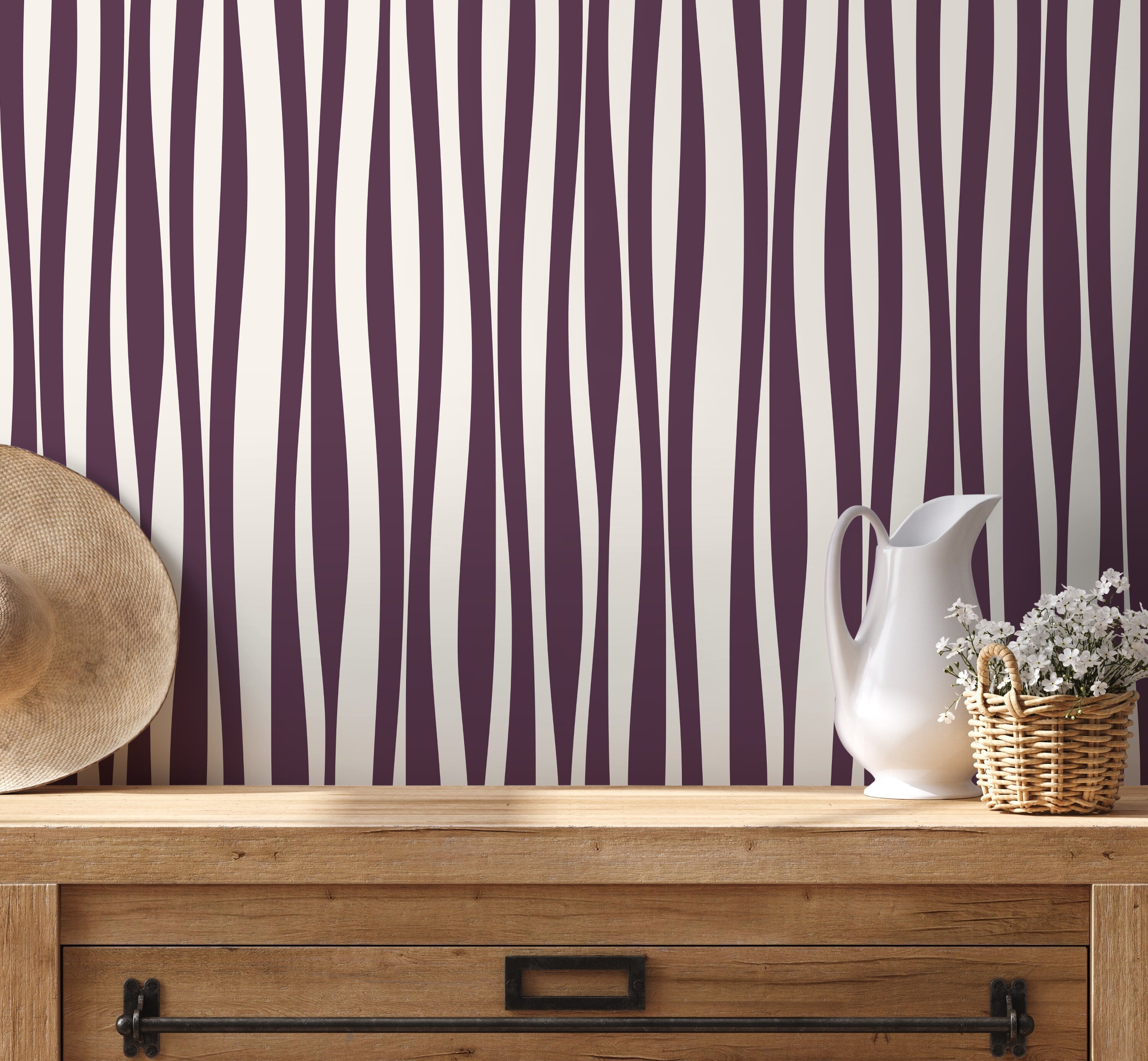 Abstract Wallpaper With Irregular Vertical Stripes In Purple And Off-white - D485