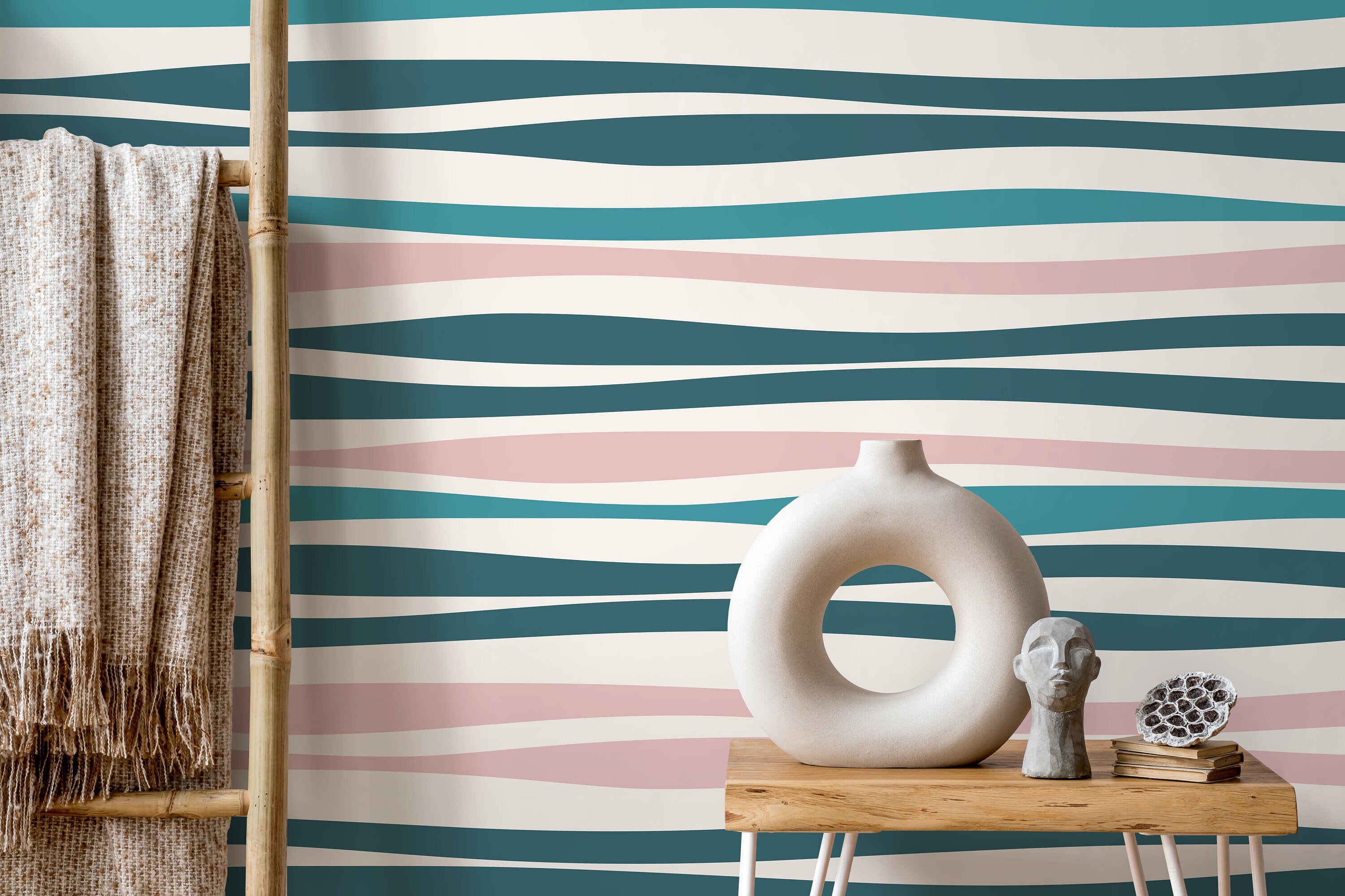 Abstract Wallpaper With Wavy Stripes In Pink, Blue, And White - D487