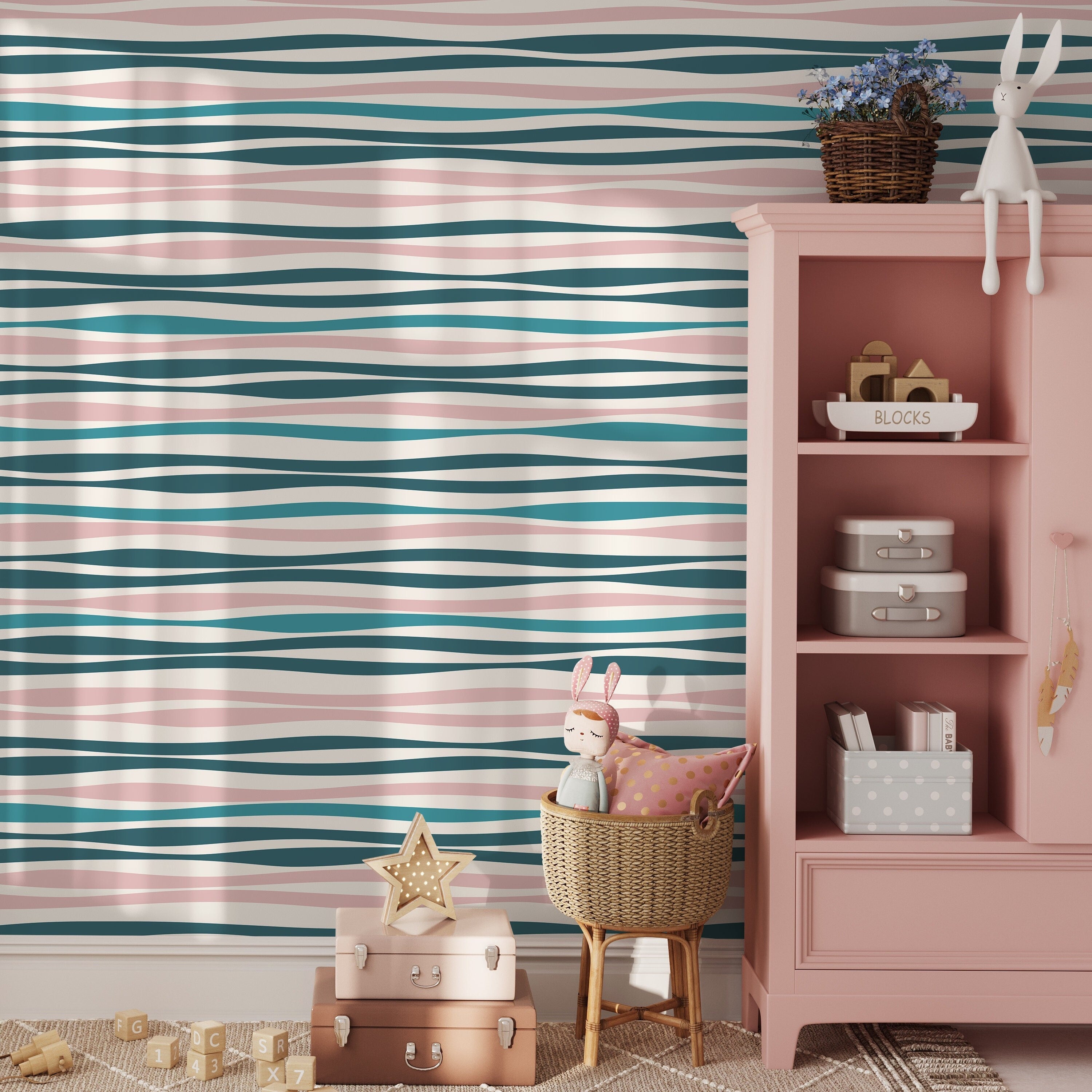 Abstract Wallpaper With Wavy Stripes In Pink, Blue, And White - D487