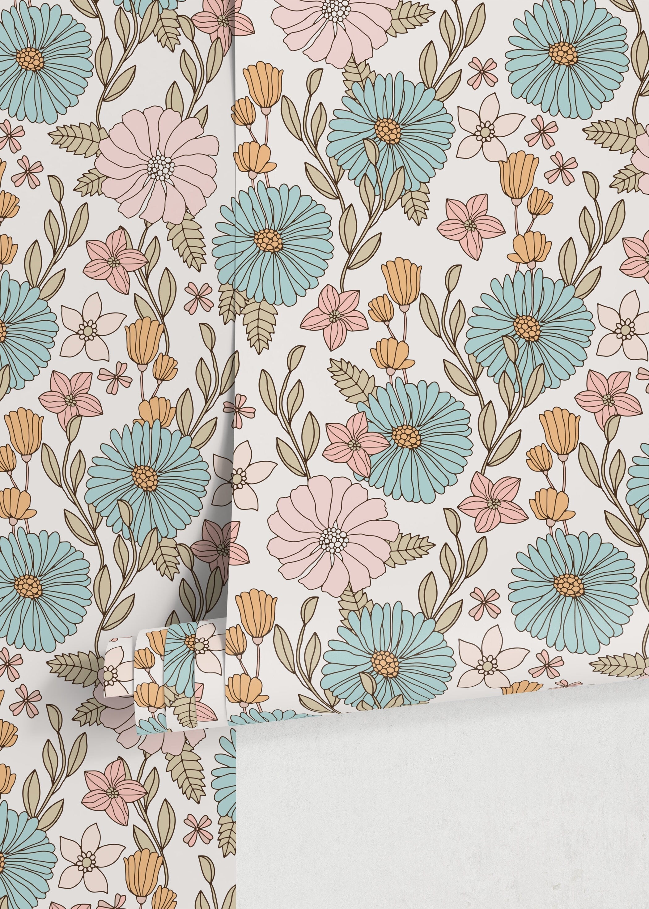 Retro Floral Wallpaper With A Groovy 70s Motif In Blue, Pink, And Orange - D379