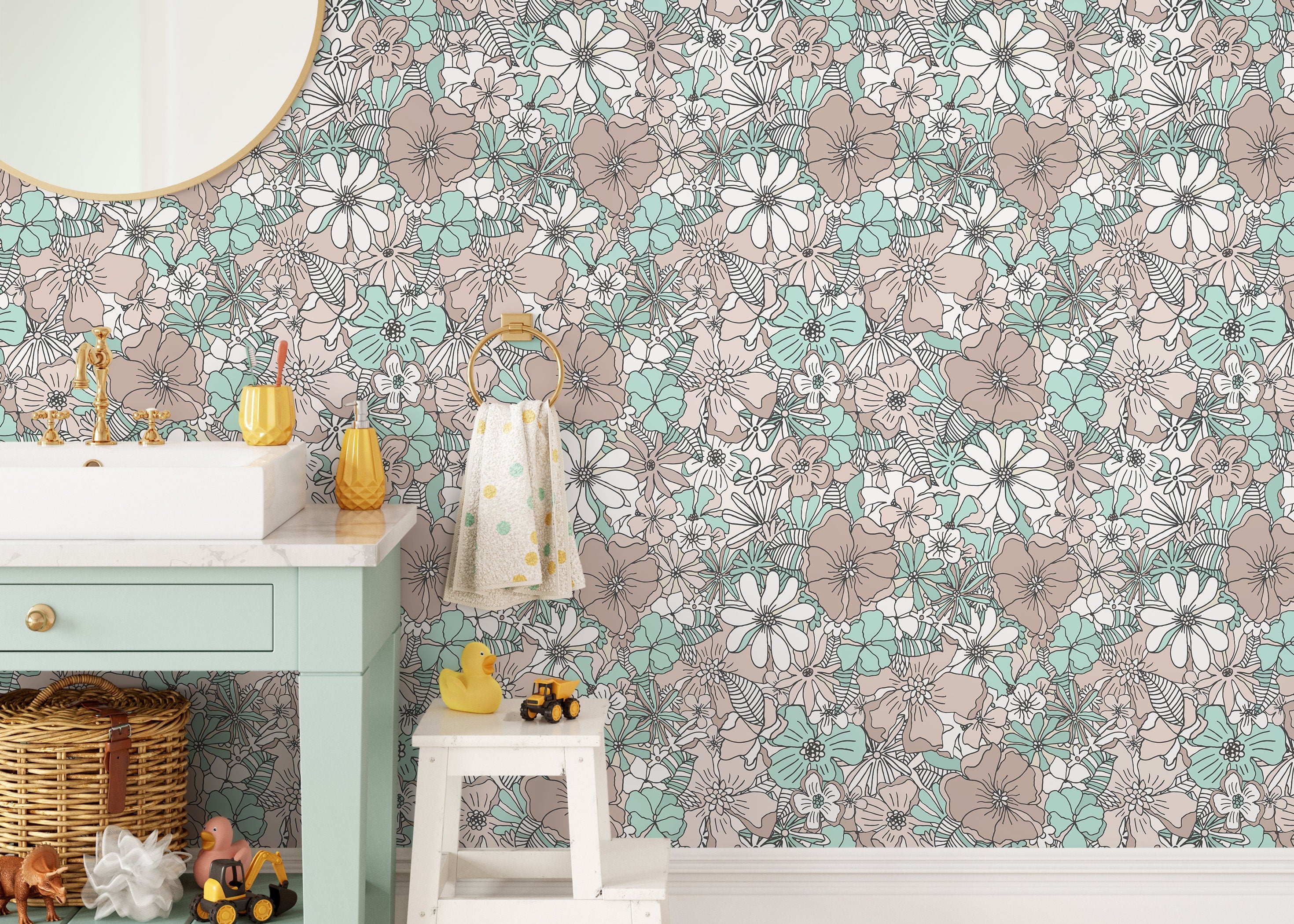 Retro Wallpaper With A Groovy Floral Motif In Green And Taupe - D381