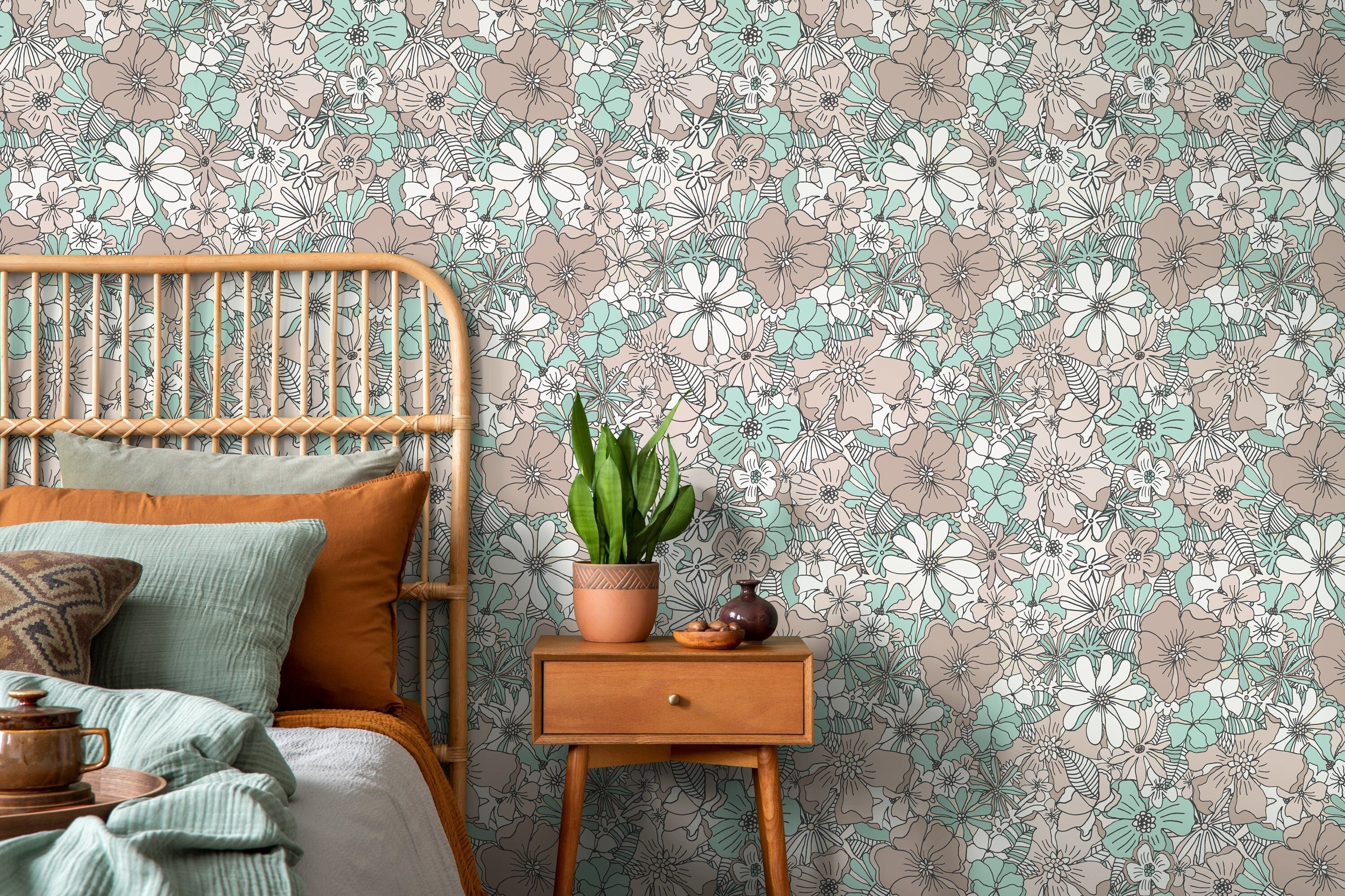 Retro Wallpaper With A Groovy Floral Motif In Green And Taupe - D381