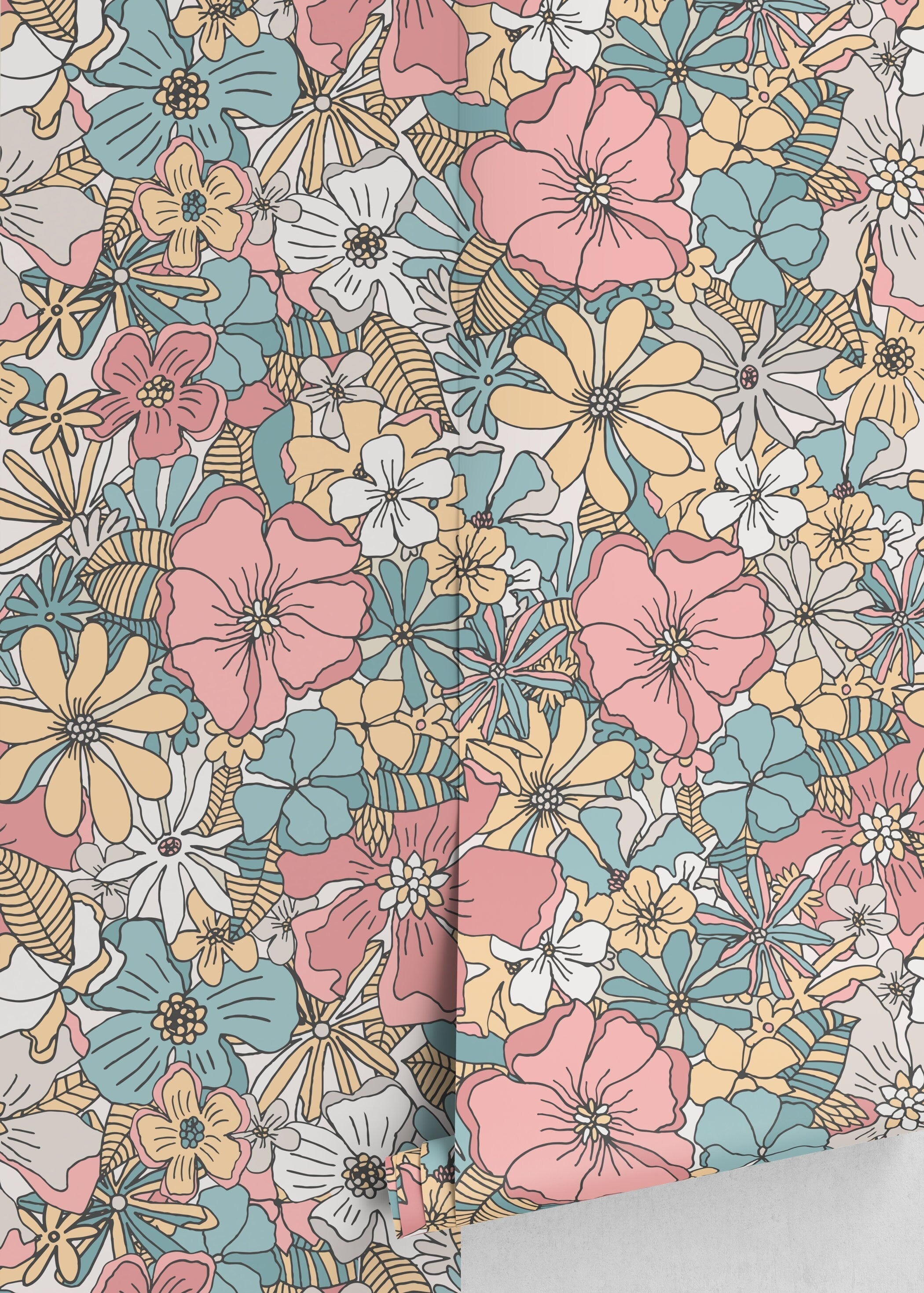 Retro Floral Wallpaper With A Groovy Flower Motif In Pink, Blue, And Yellow - D382