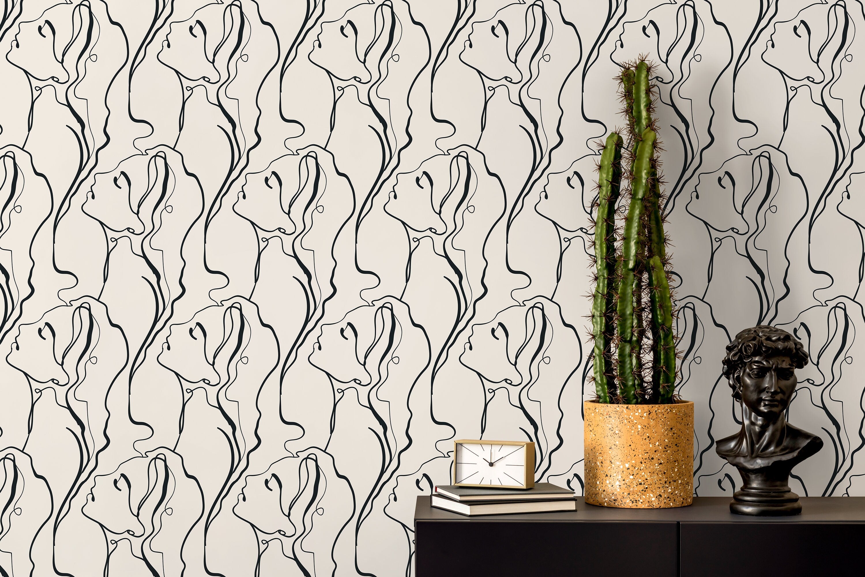 Line Art Wallpaper Featuring Elegant Face Silhouettes In Black And Beige - D383