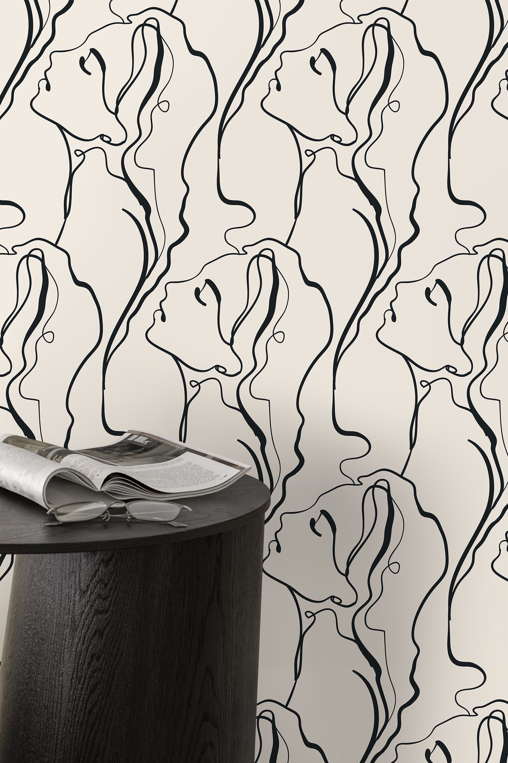 Line Art Wallpaper Featuring Elegant Face Silhouettes In Black And Beige - D383