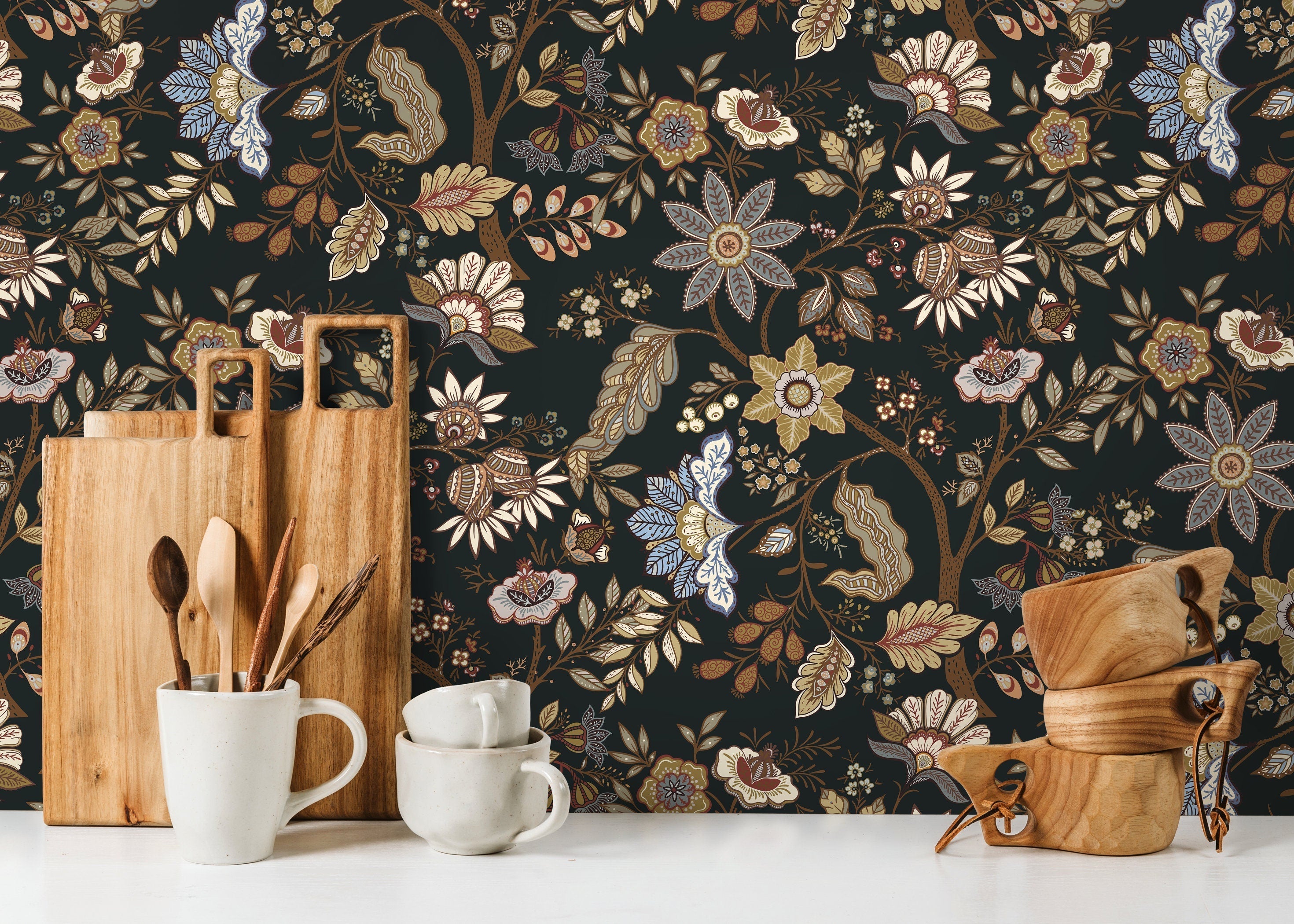 Floral Wallpaper With A Vintage Chintz Motif In Black, Brown, And Blue - D386