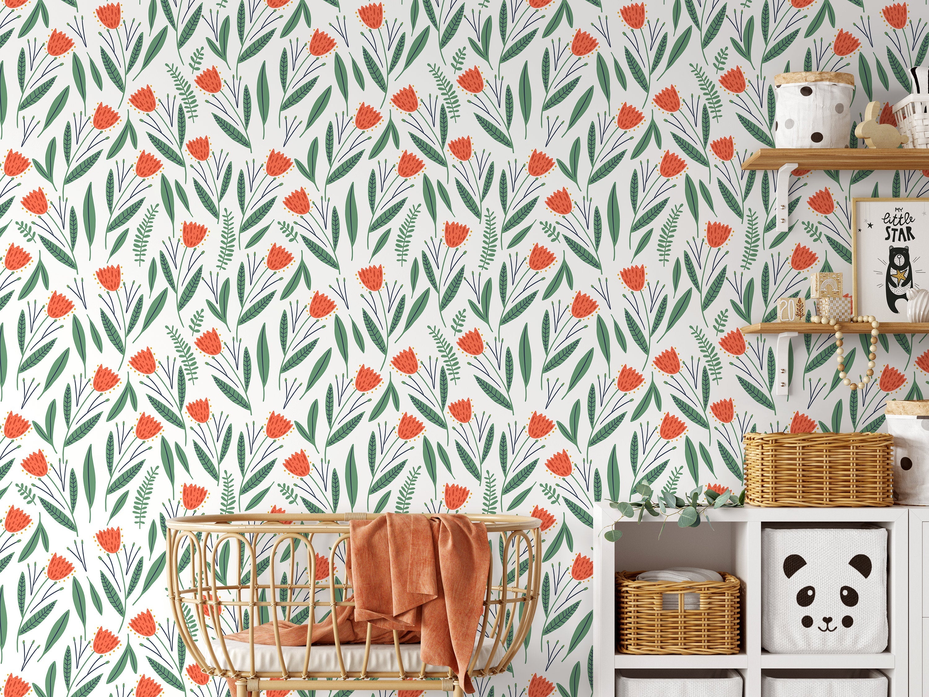 Floral Wallpaper With Stylized Tulips And Leaves In Orange And Green - D387
