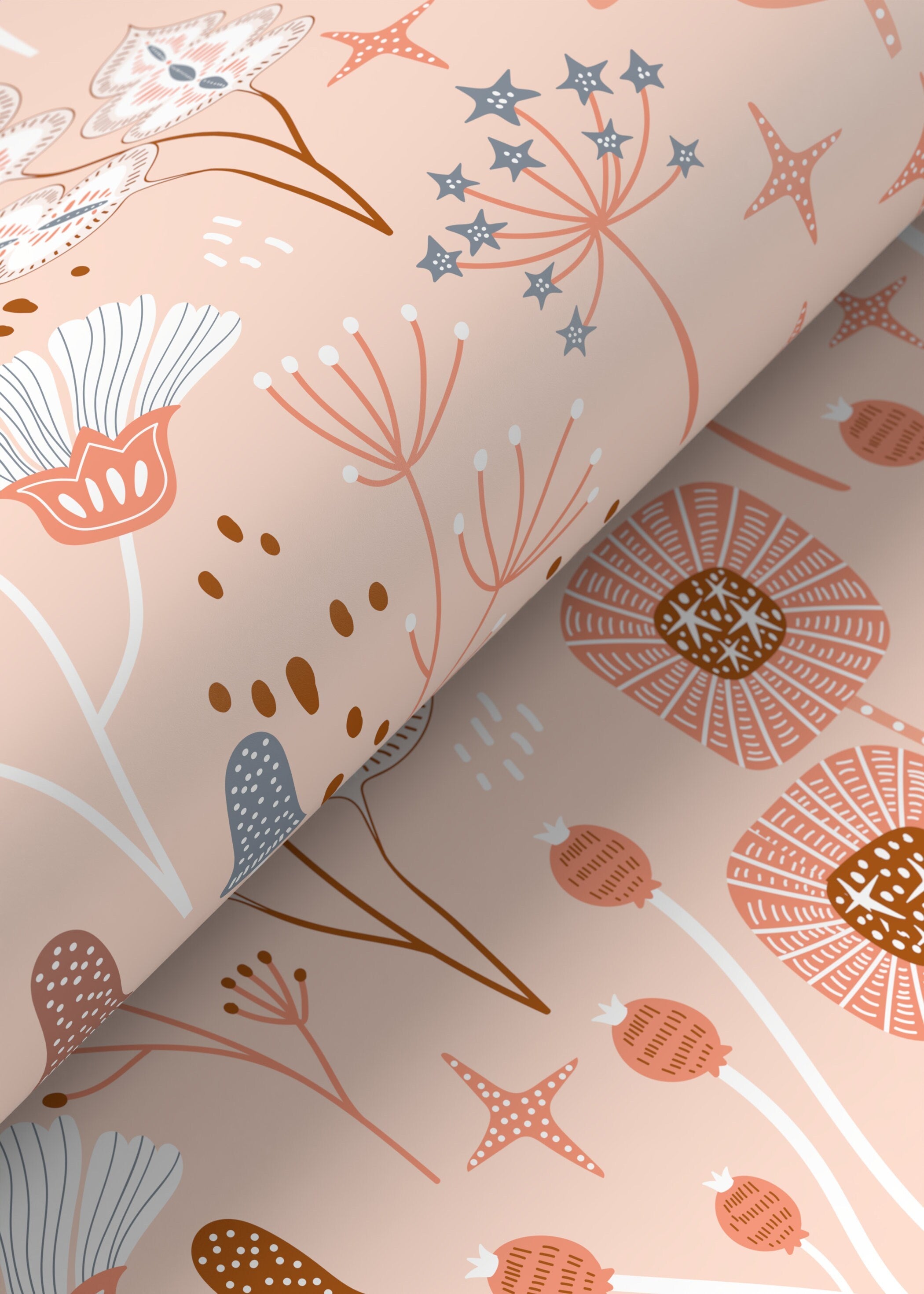 Botanical Wallpaper With Whimsical Flowers And Mushrooms In Pink, Brown, And Blue - D393