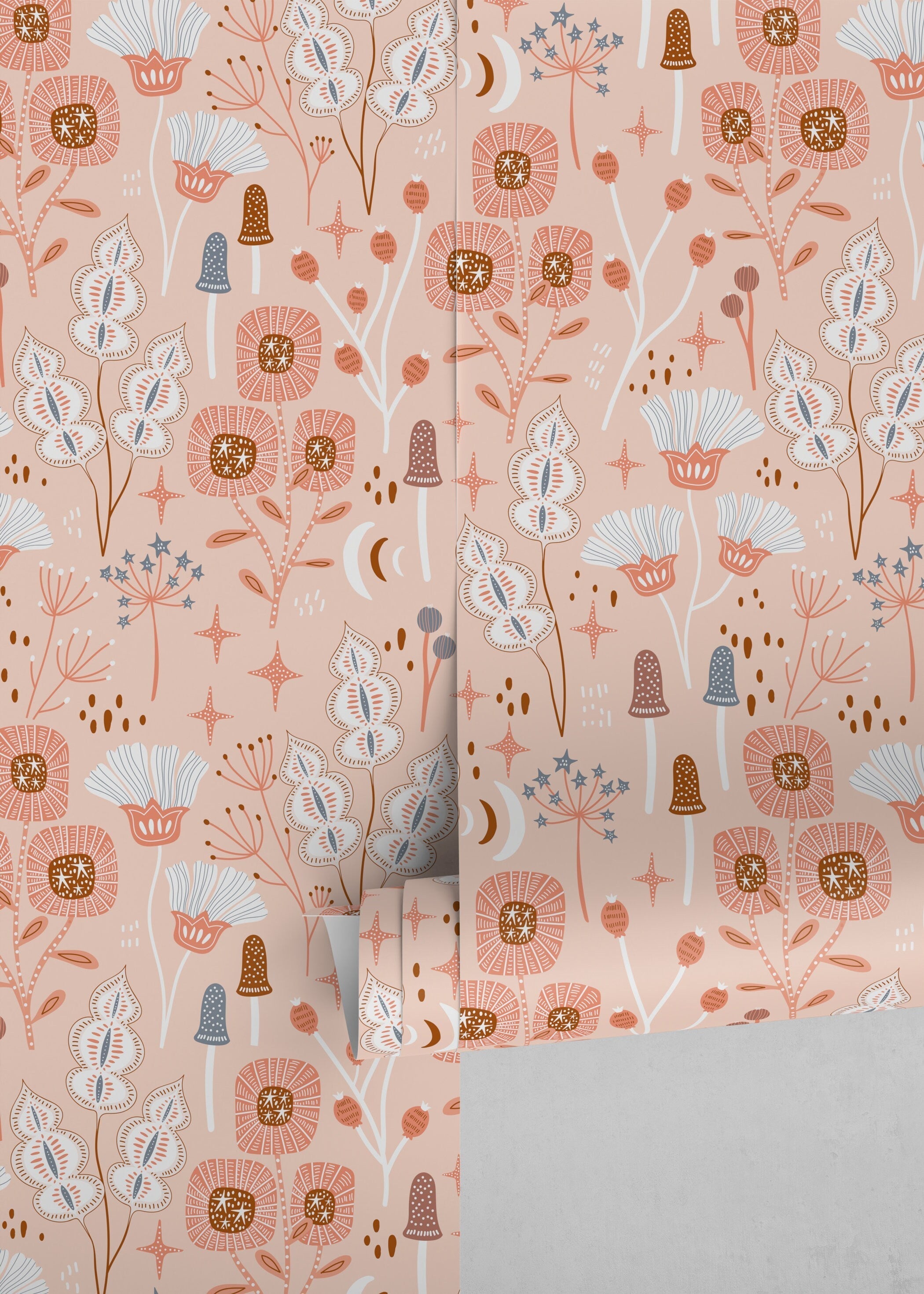Botanical Wallpaper With Whimsical Flowers And Mushrooms In Pink, Brown, And Blue - D393