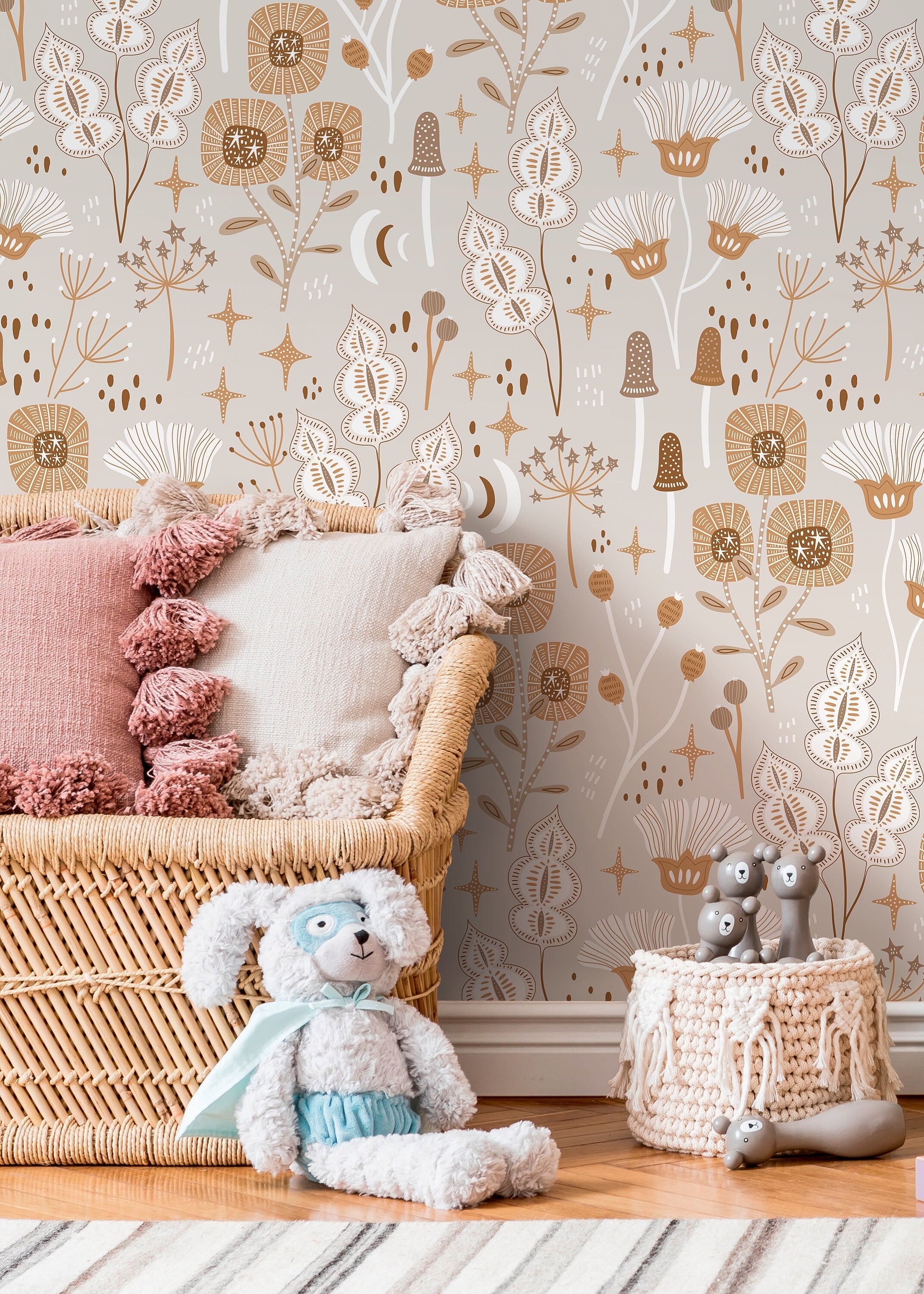Floral Wallpaper With A Whimsical Woodland Motif In Brown, Tan, And White - D394