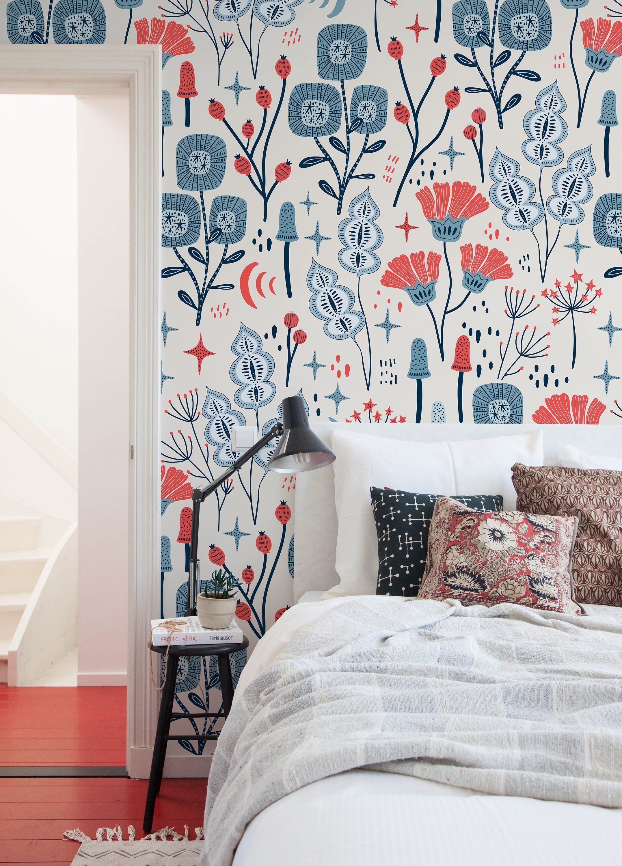 Floral Wallpaper With Whimsical Folk Art Flowers In Red And Blue - D396