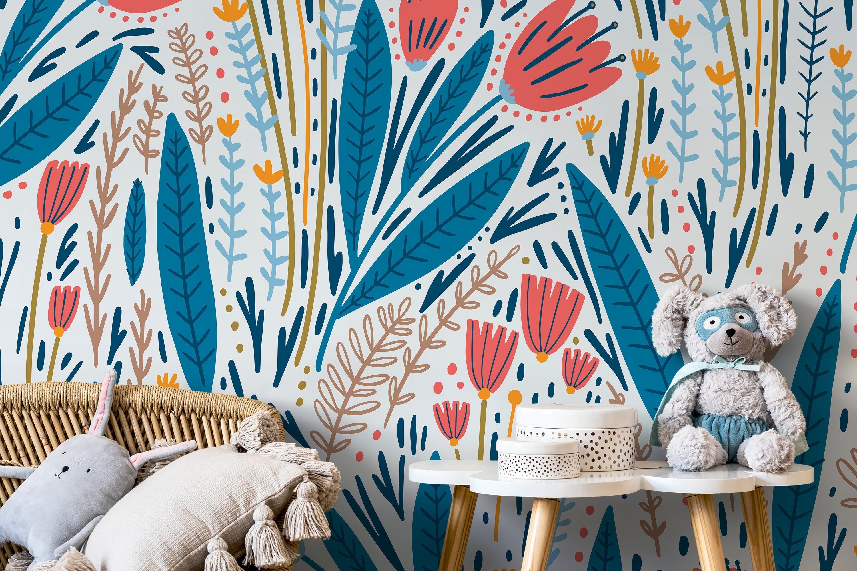 Scandinavian Wallpaper With A Stylized Floral Garden In Coral, Blue, And Ochre - D399