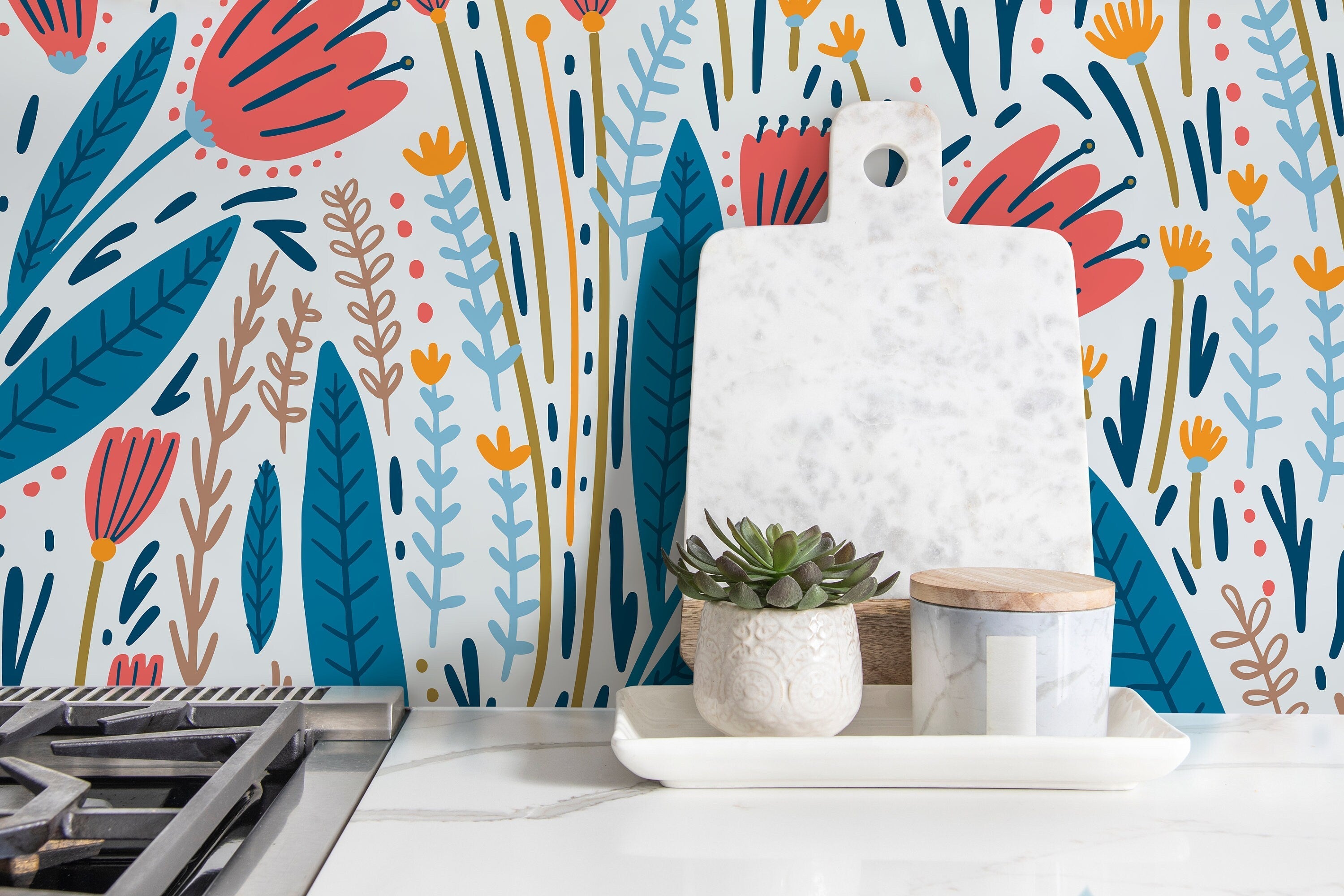 Scandinavian Wallpaper With A Stylized Floral Garden In Coral, Blue, And Ochre - D399