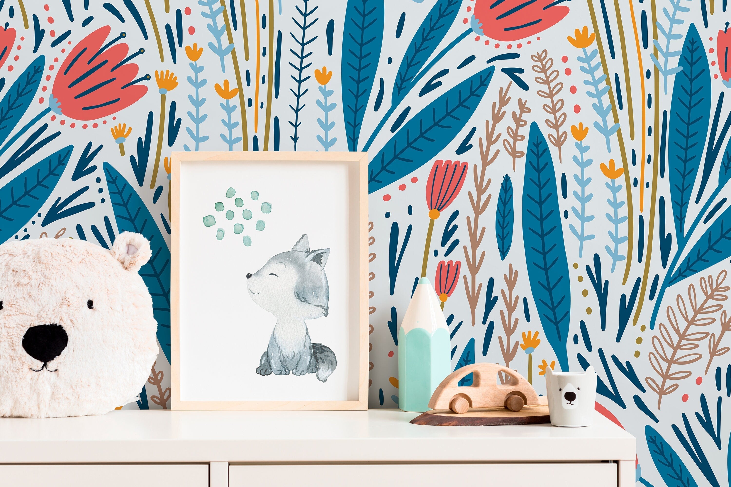 Scandinavian Wallpaper With A Stylized Floral Garden In Coral, Blue, And Ochre - D399