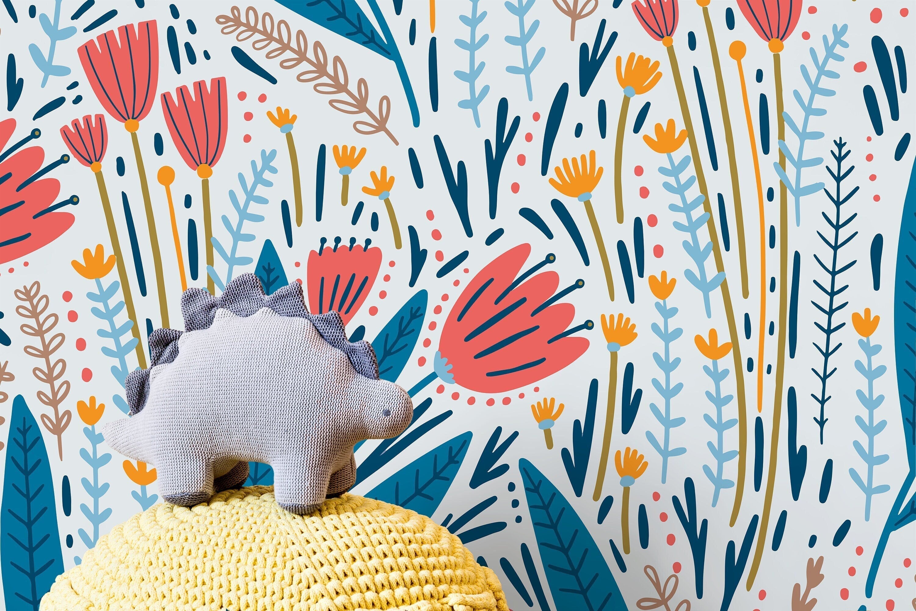 Scandinavian Wallpaper With A Stylized Floral Garden In Coral, Blue, And Ochre - D399