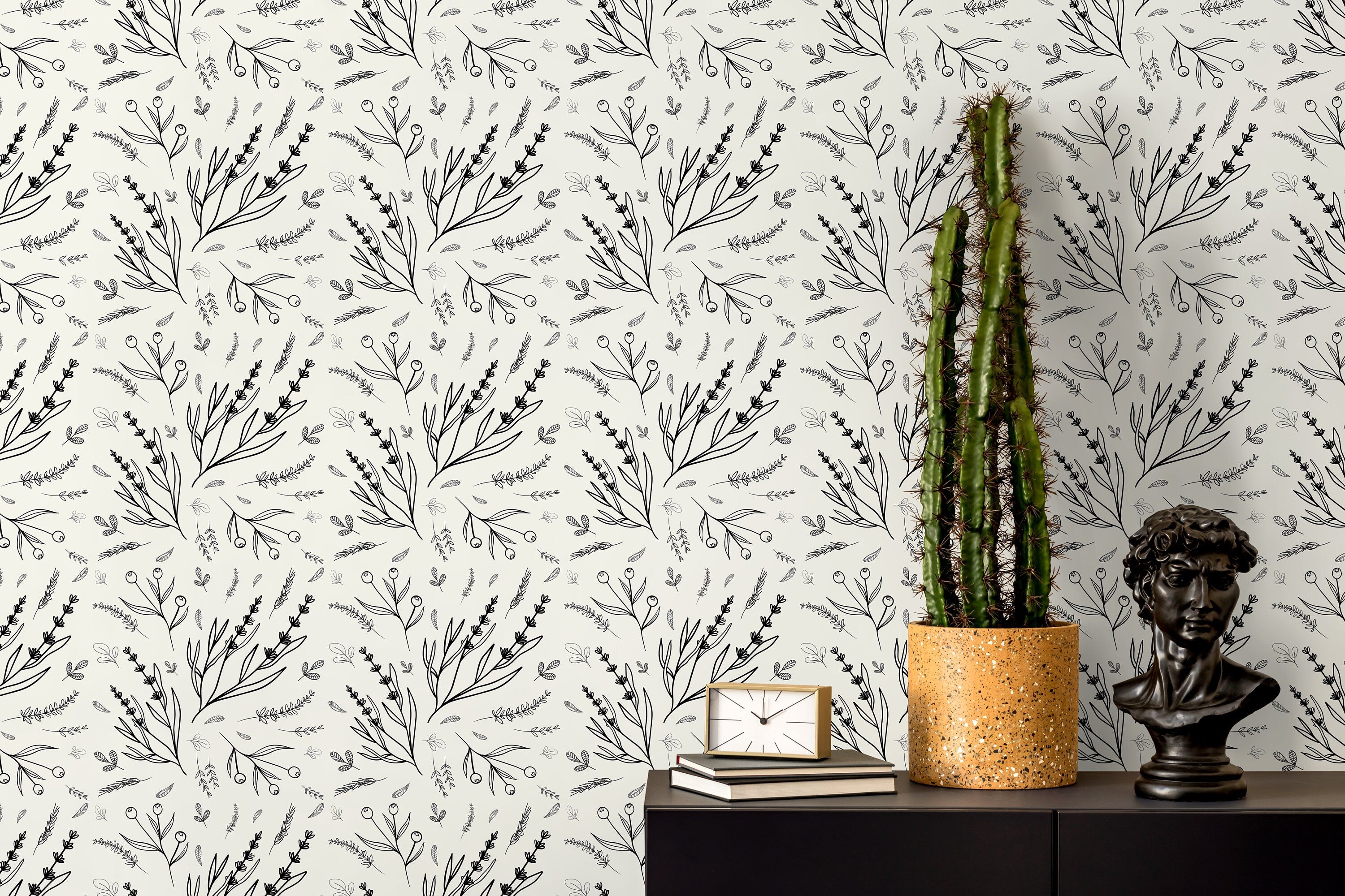 Botanical Wallpaper With Hand-drawn Wildflowers In Black And Light Gray - D400