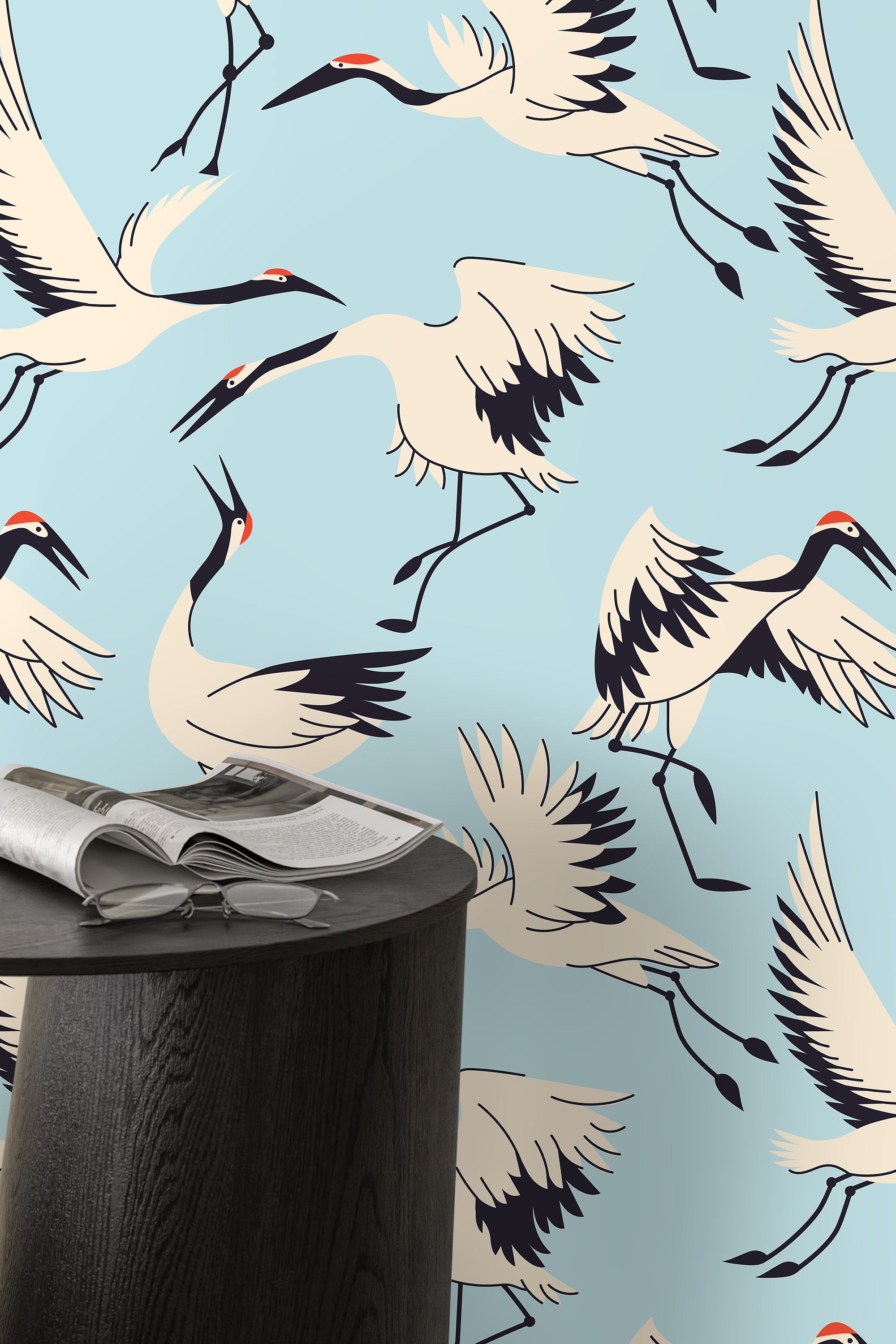 Chinoiserie Wallpaper With Japanese Cranes In Blue, Cream, And Black - D403