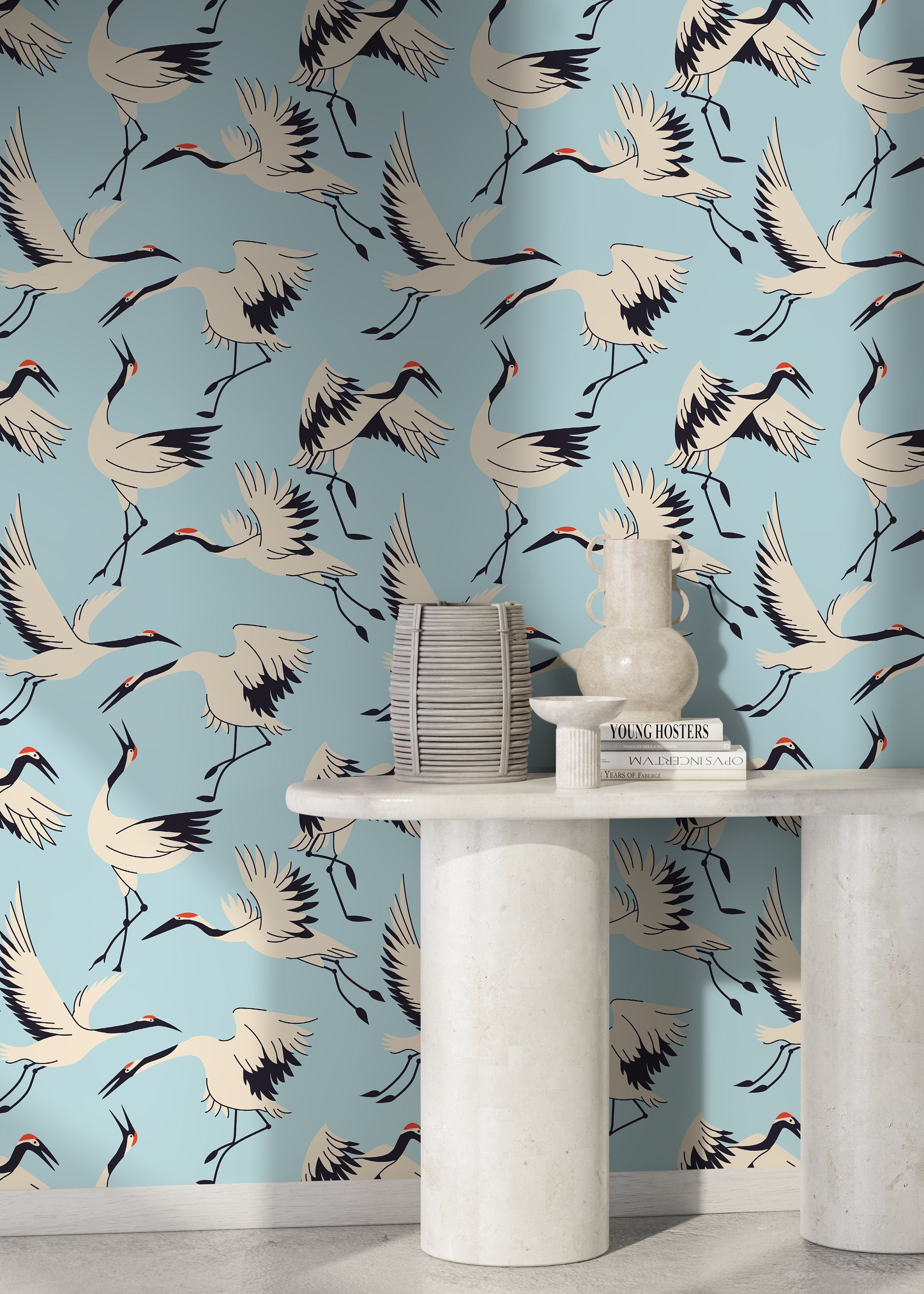 Chinoiserie Wallpaper With Japanese Cranes In Blue, Cream, And Black - D403
