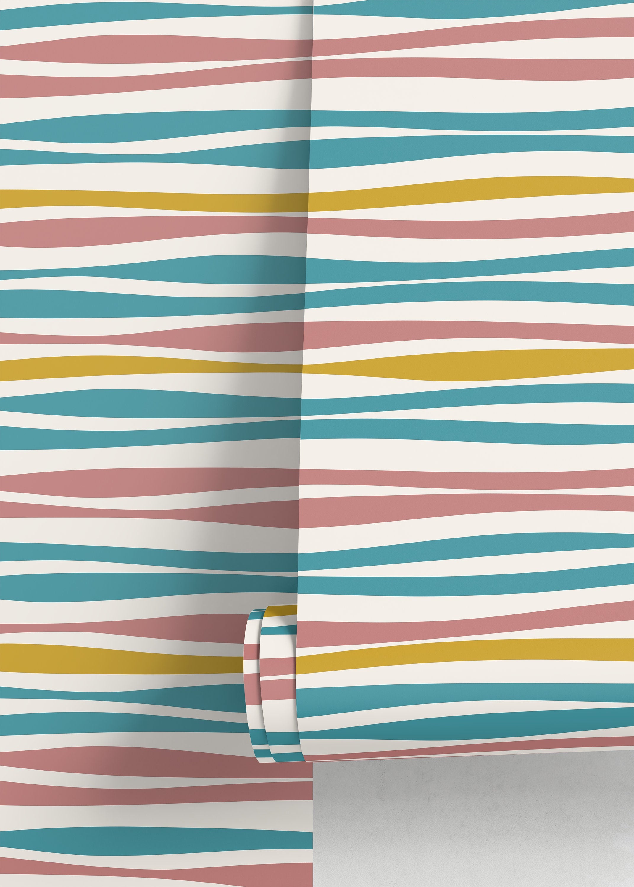 Abstract Wallpaper With Wavy Horizontal Stripes In Teal, Pink, And Yellow - D490