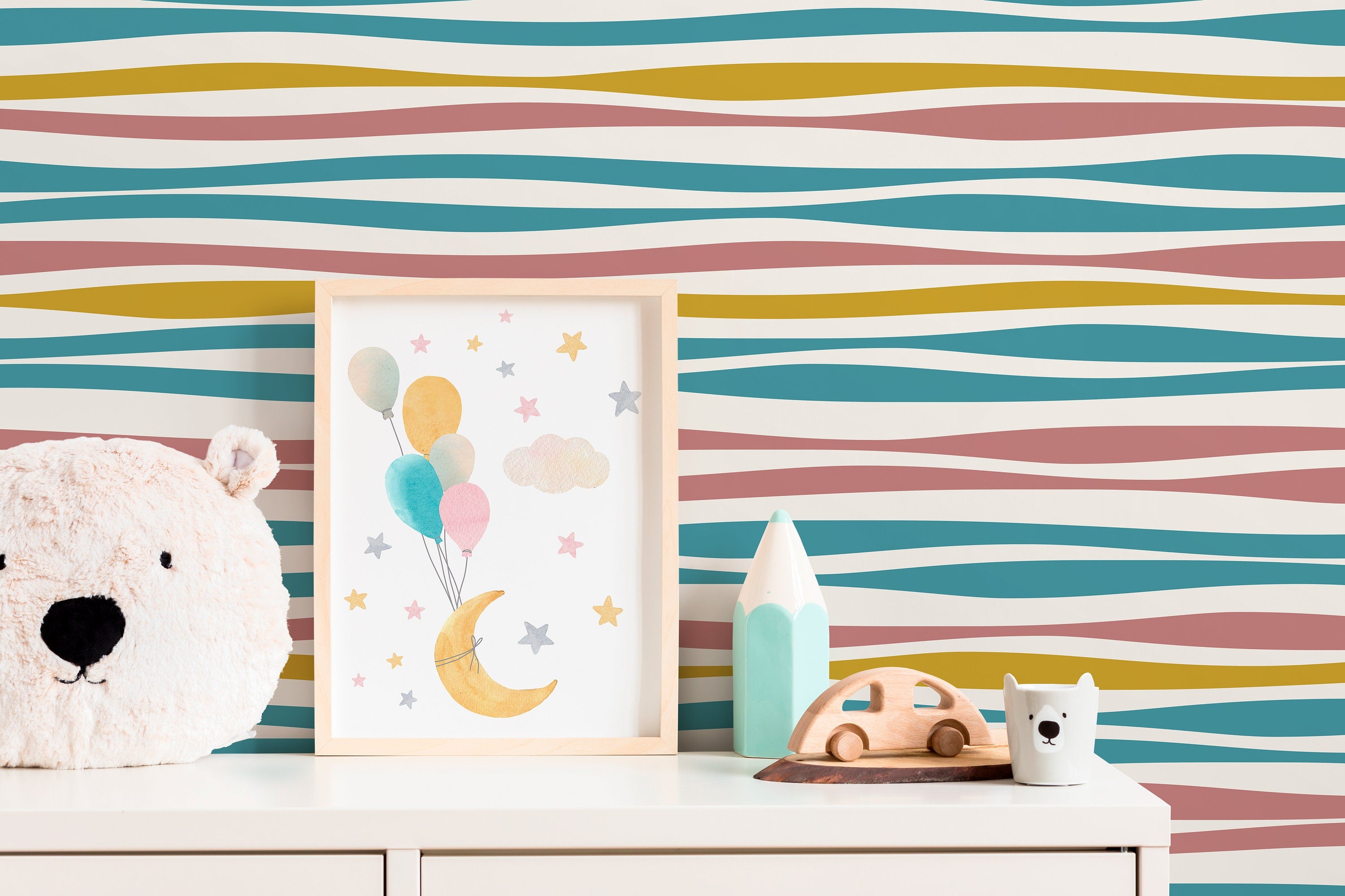 Abstract Wallpaper With Wavy Horizontal Stripes In Teal, Pink, And Yellow - D490