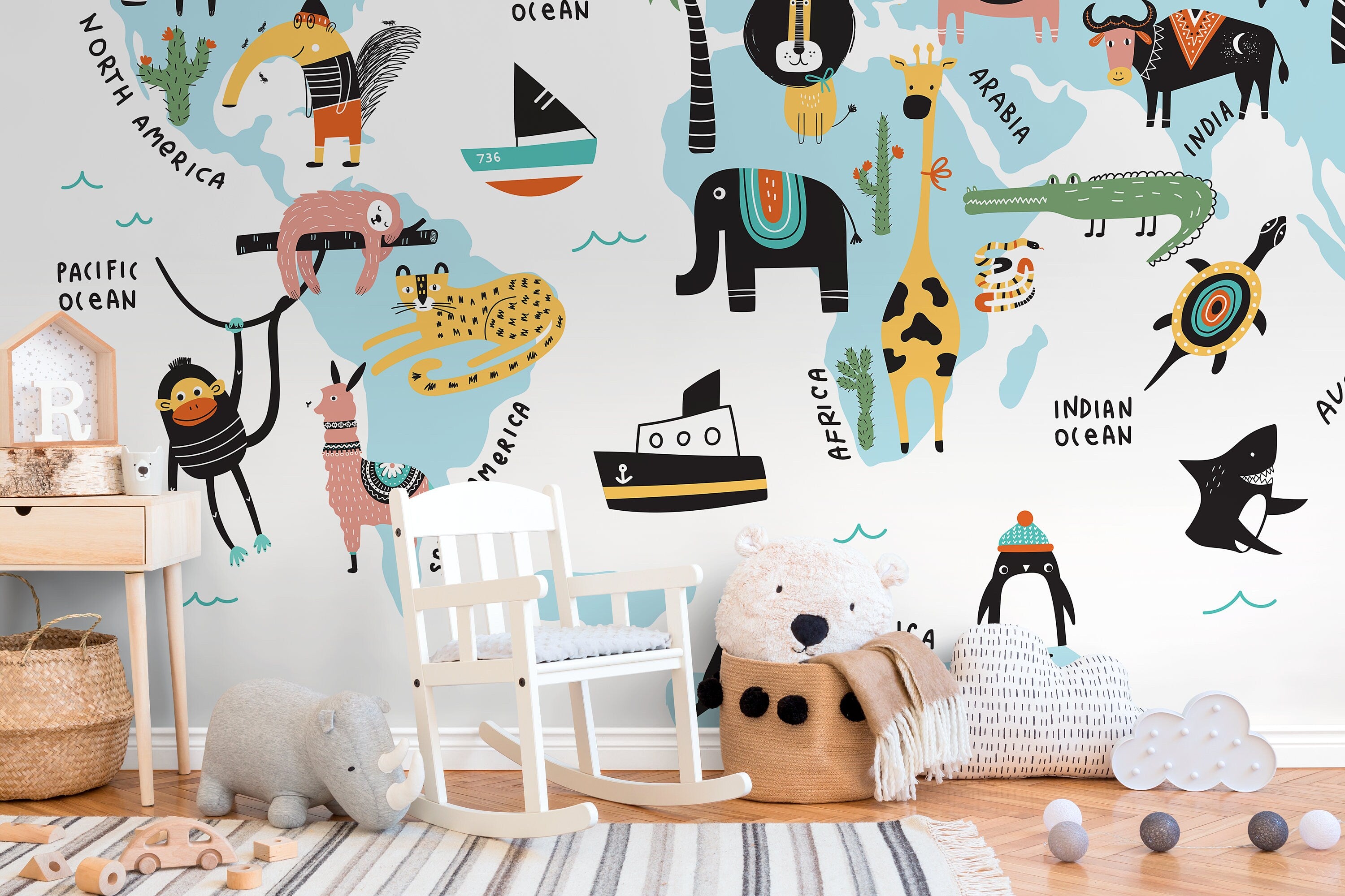 Kids World Map Wallpaper With Illustrated Animals In Blue, Black, And Orange - D491