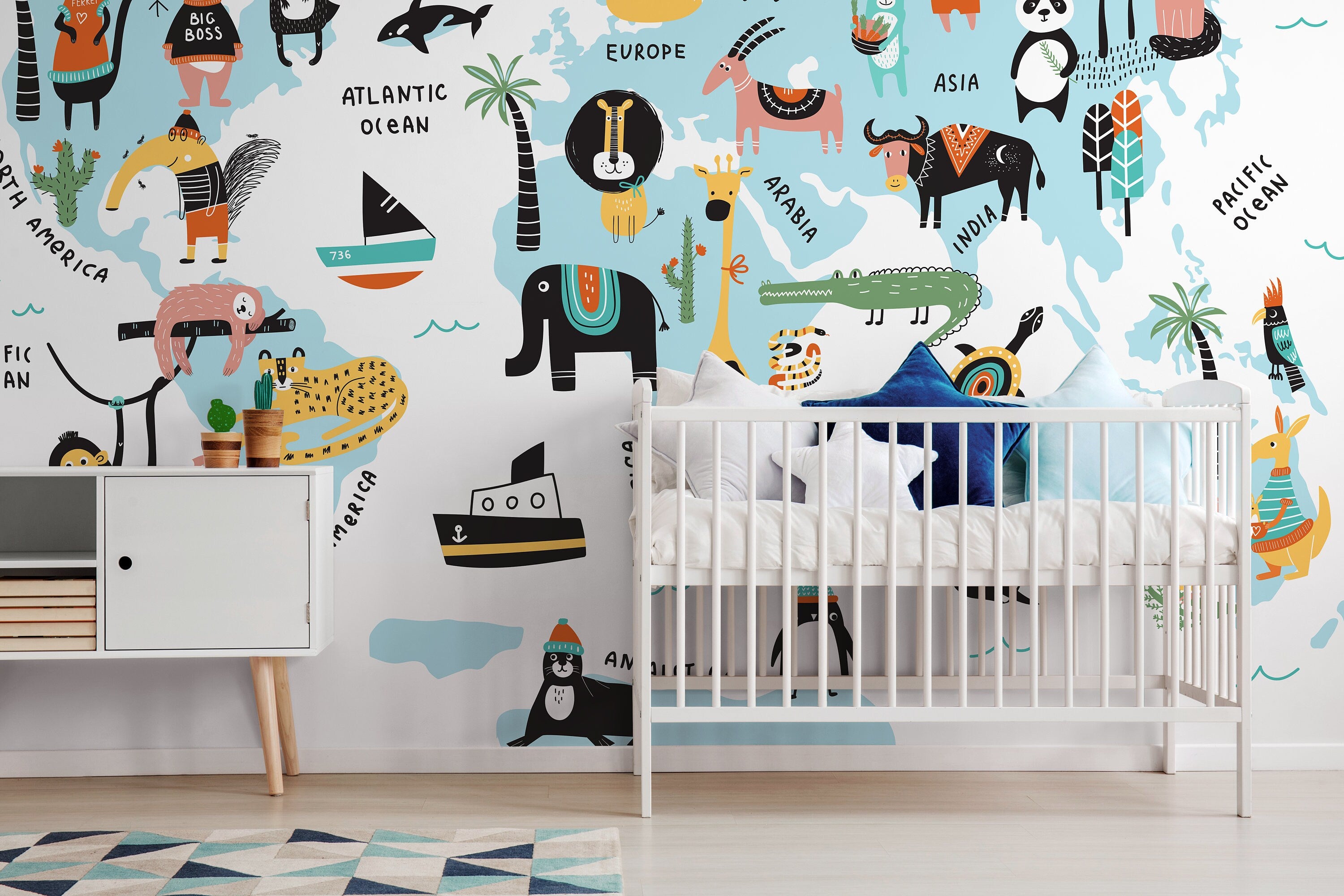 Kids World Map Wallpaper With Illustrated Animals In Blue, Black, And Orange - D491