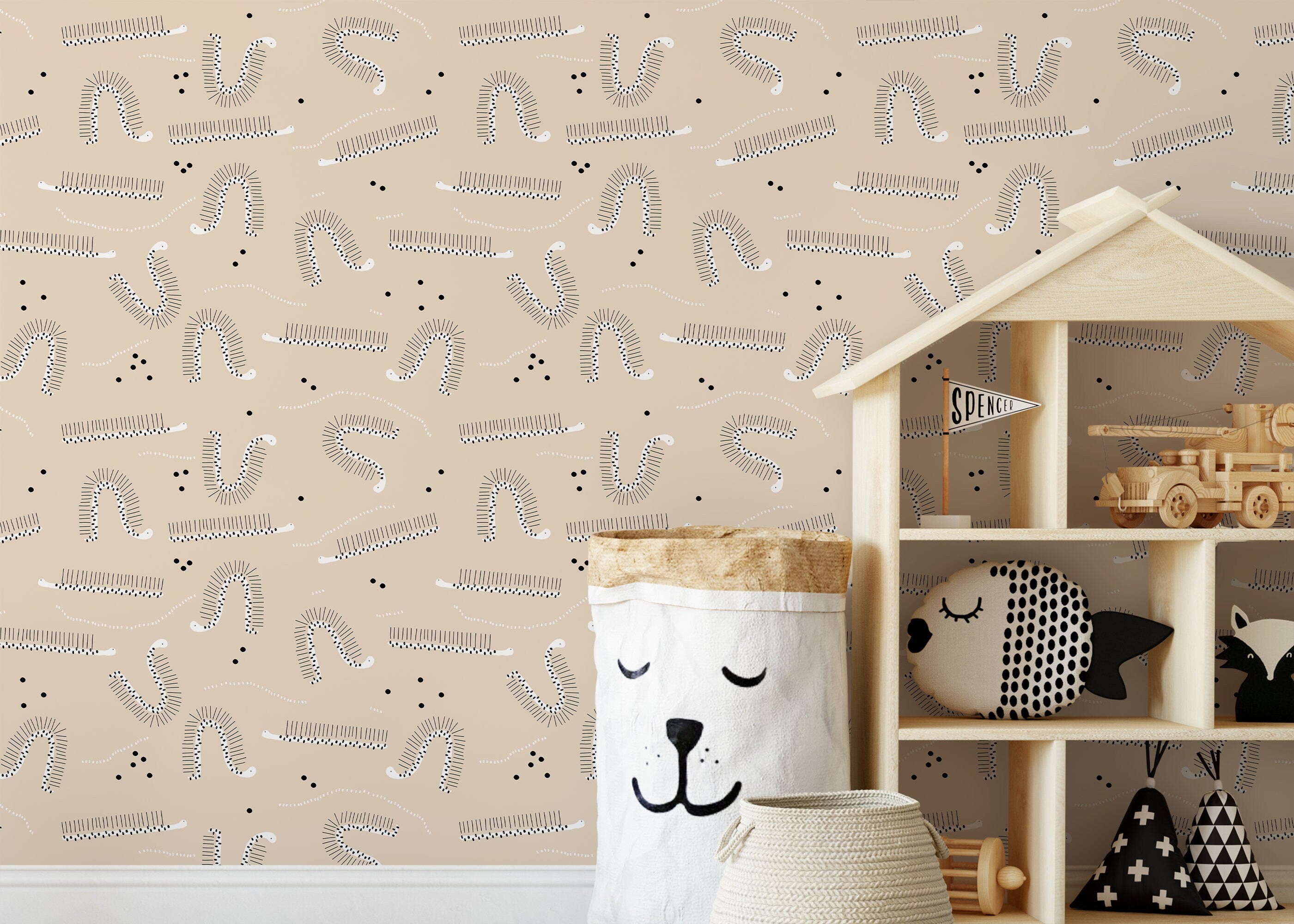 Animal Wallpaper Featuring Minimalist Caterpillars In Beige, Black, And White - D406