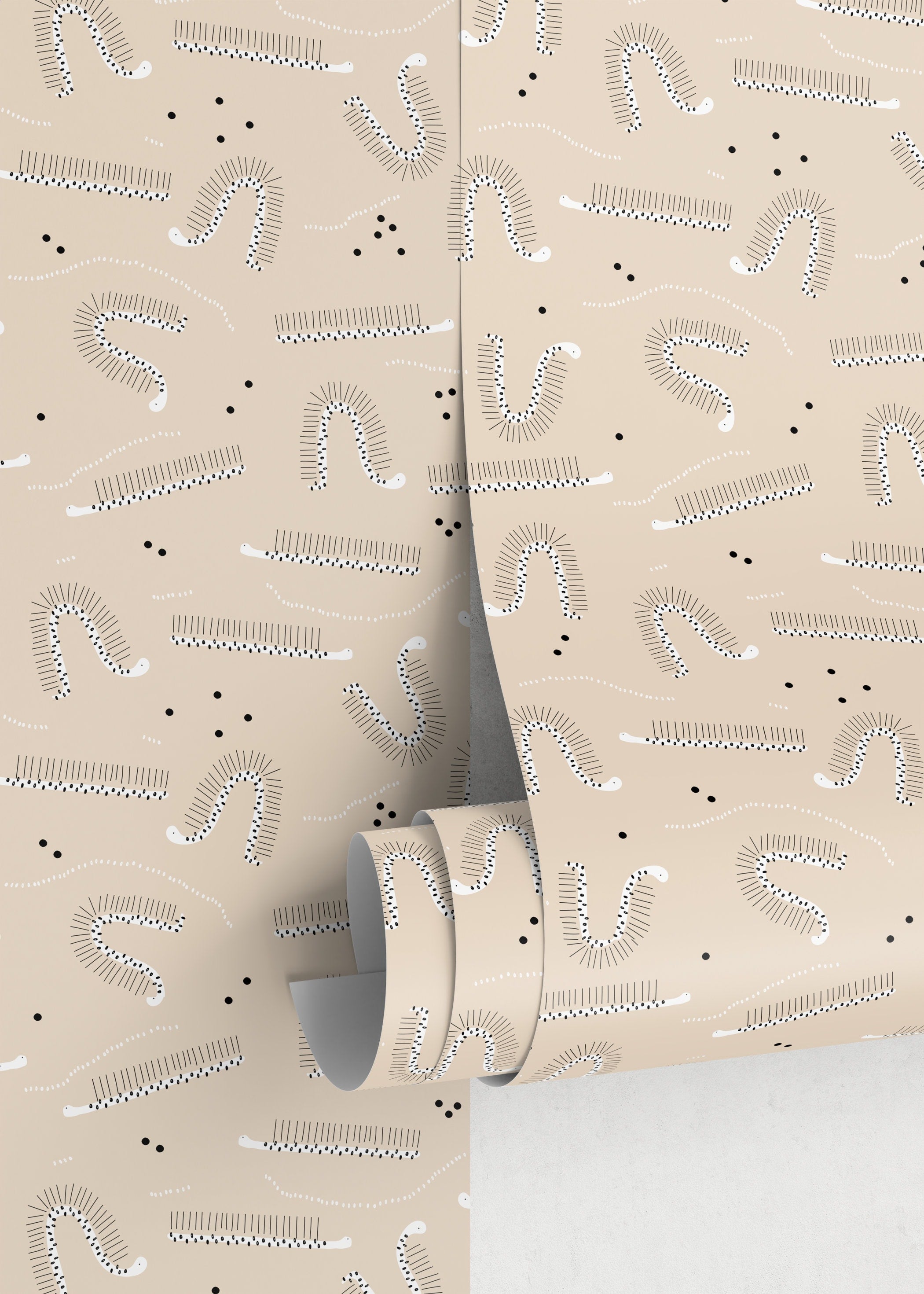 Animal Wallpaper Featuring Minimalist Caterpillars In Beige, Black, And White - D406