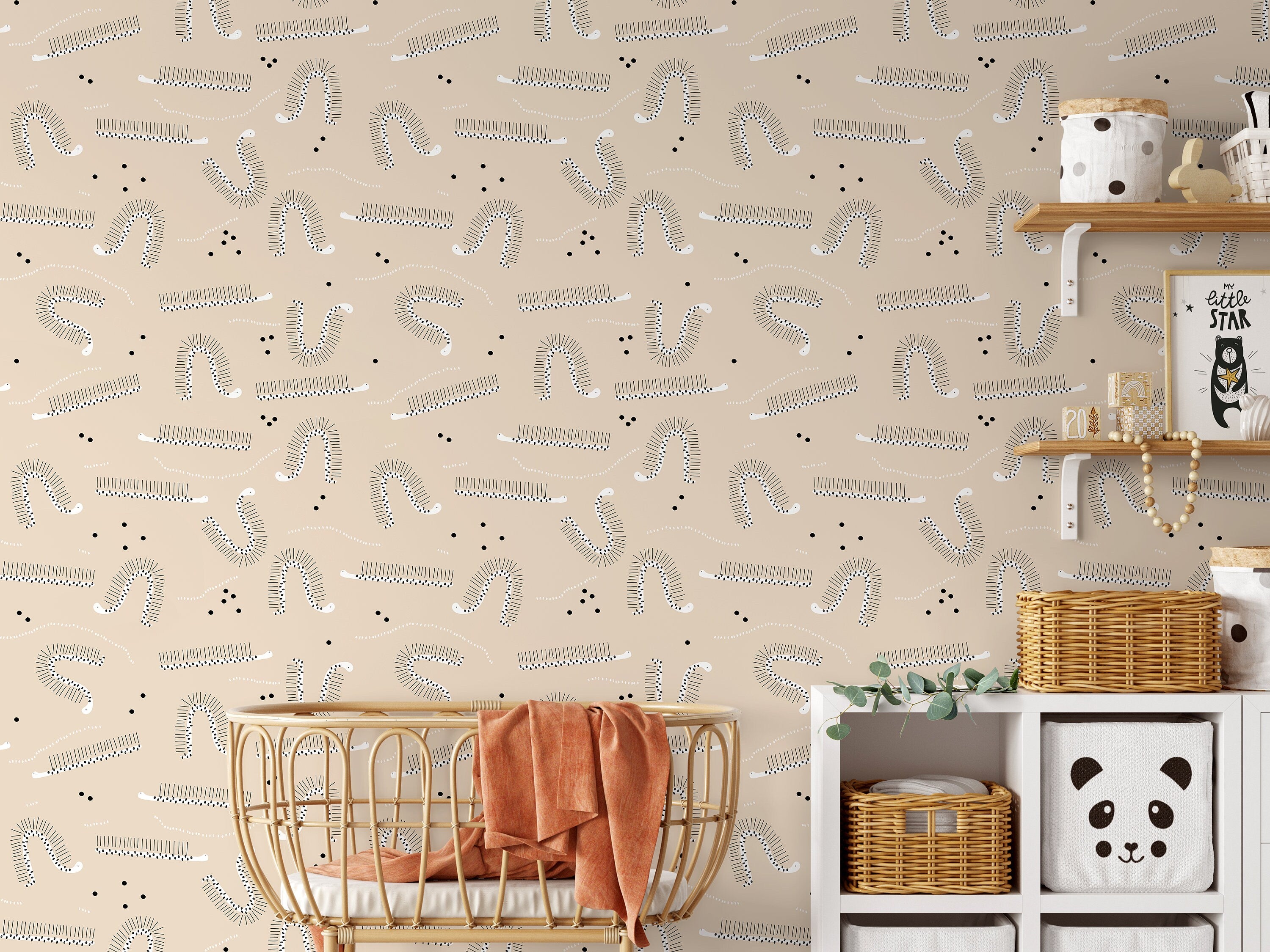 Animal Wallpaper Featuring Minimalist Caterpillars In Beige, Black, And White - D406