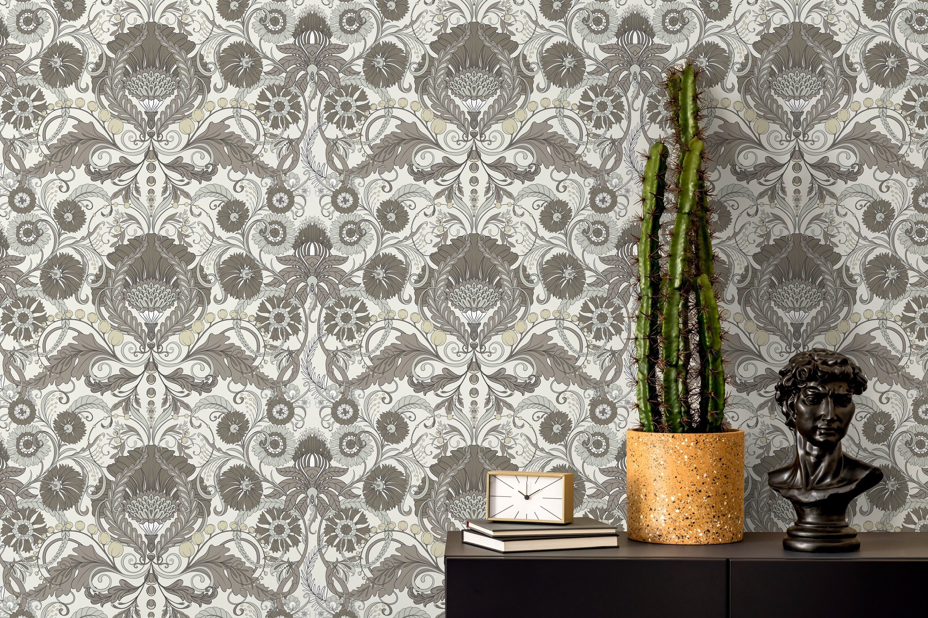 Art Nouveau Wallpaper With An Intricate Damask Motif In Gray And Pale Yellow - D409