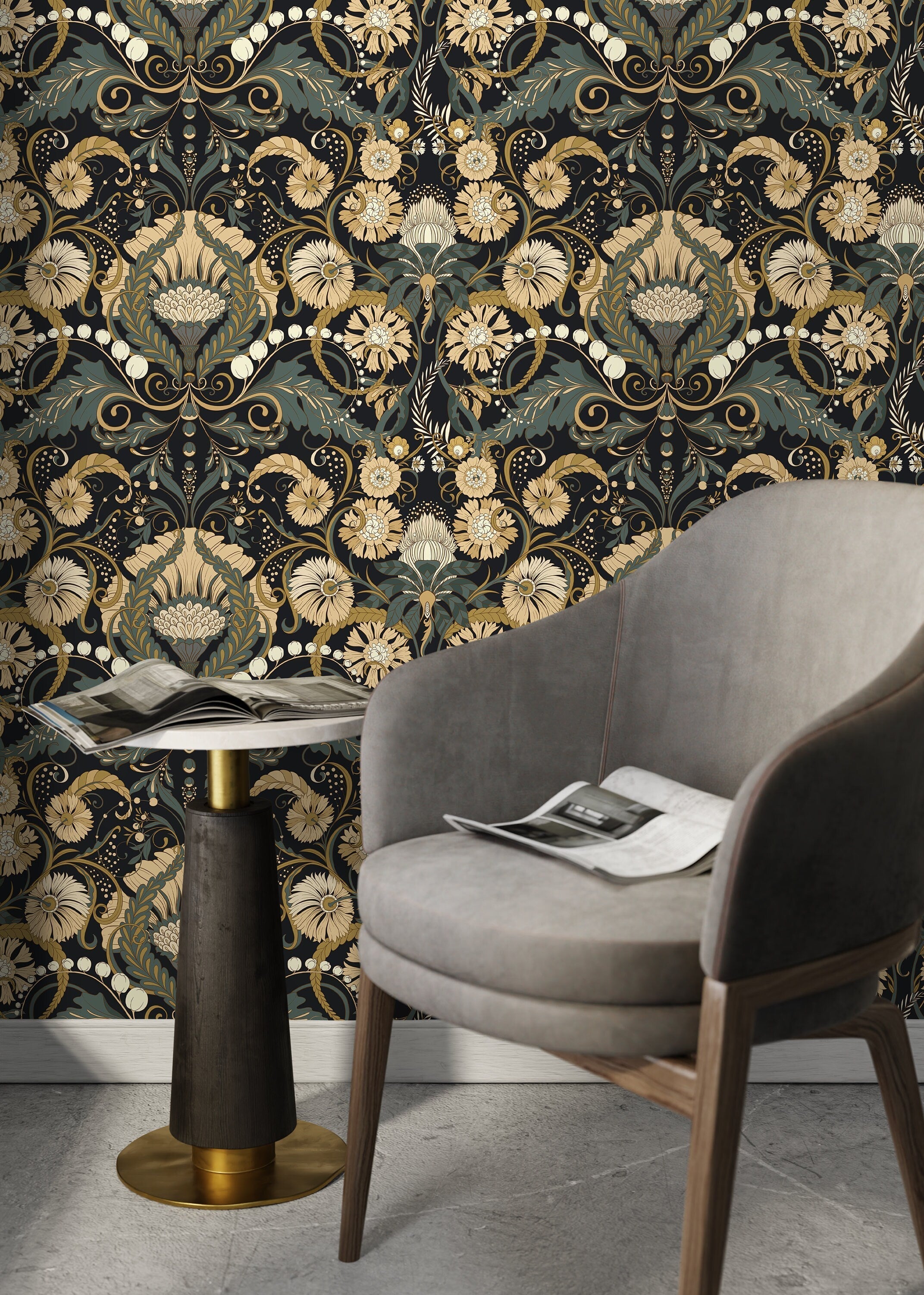 Art Nouveau Wallpaper With Symmetrical Botanicals In Dark Green, Beige, And Black - D410