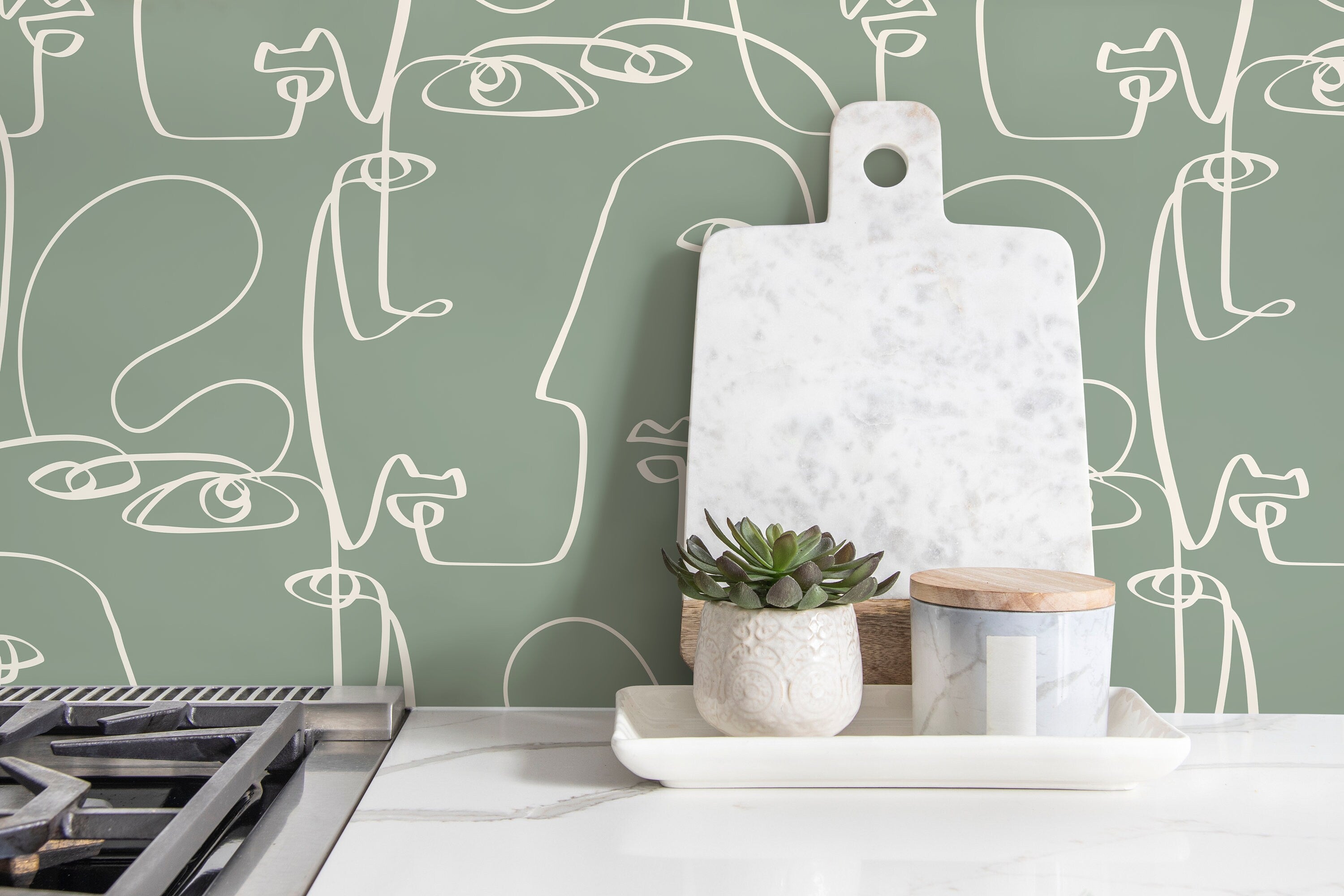 Line Art Wallpaper Featuring Abstract Faces In Green And White - D493