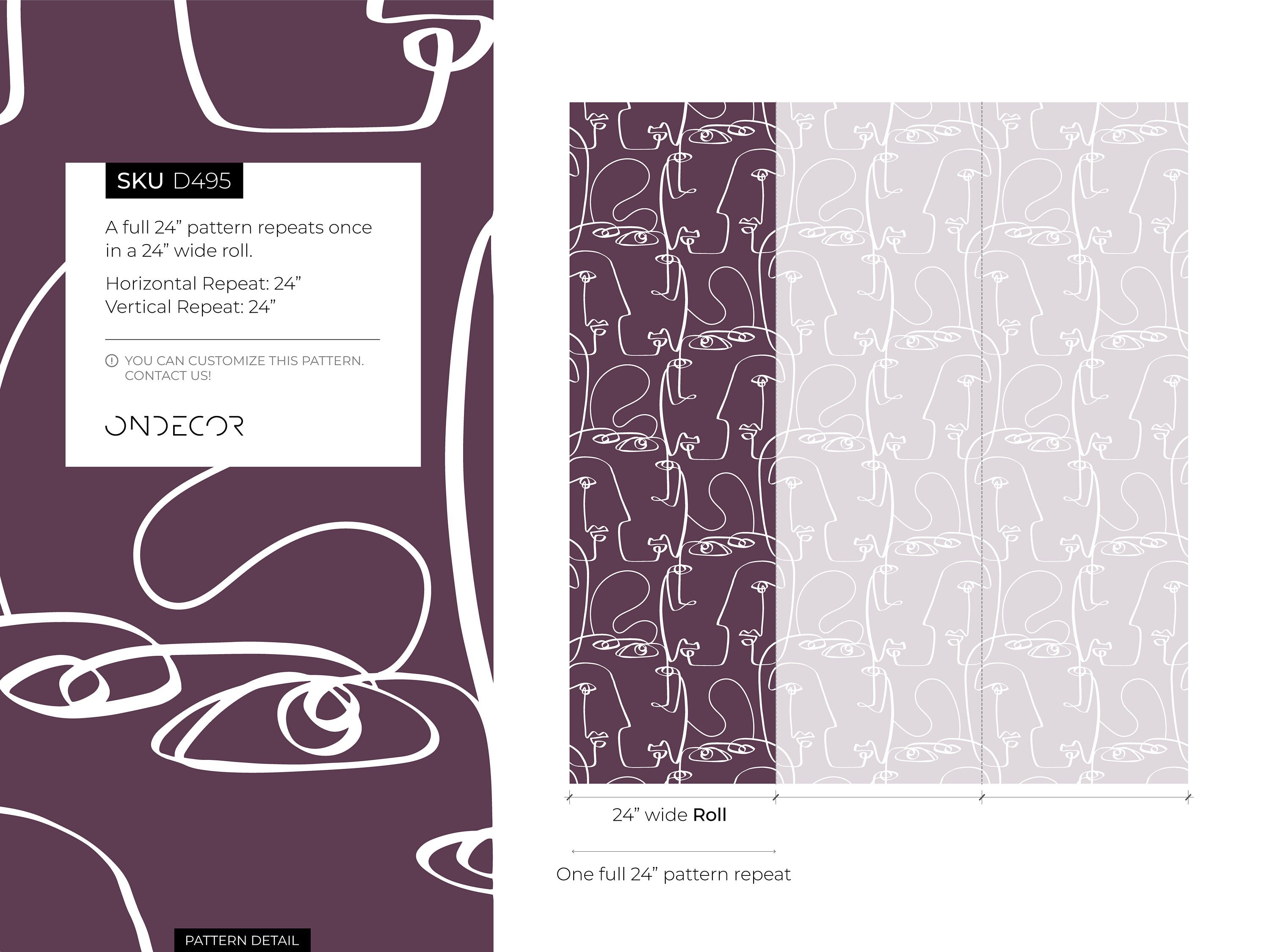 Line Art Wallpaper Featuring Abstract Faces In Purple And White - D495