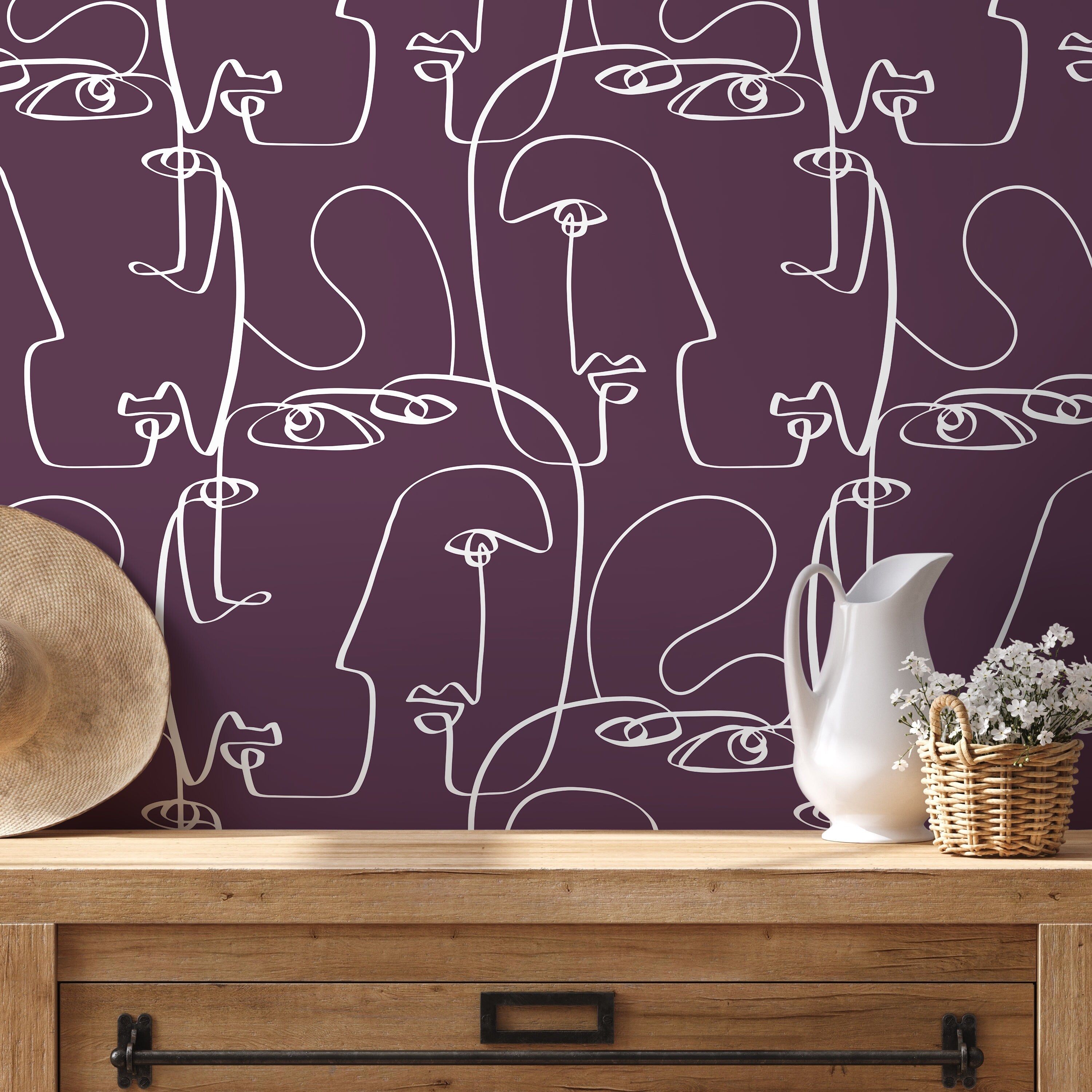 Line Art Wallpaper Featuring Abstract Faces In Purple And White - D495