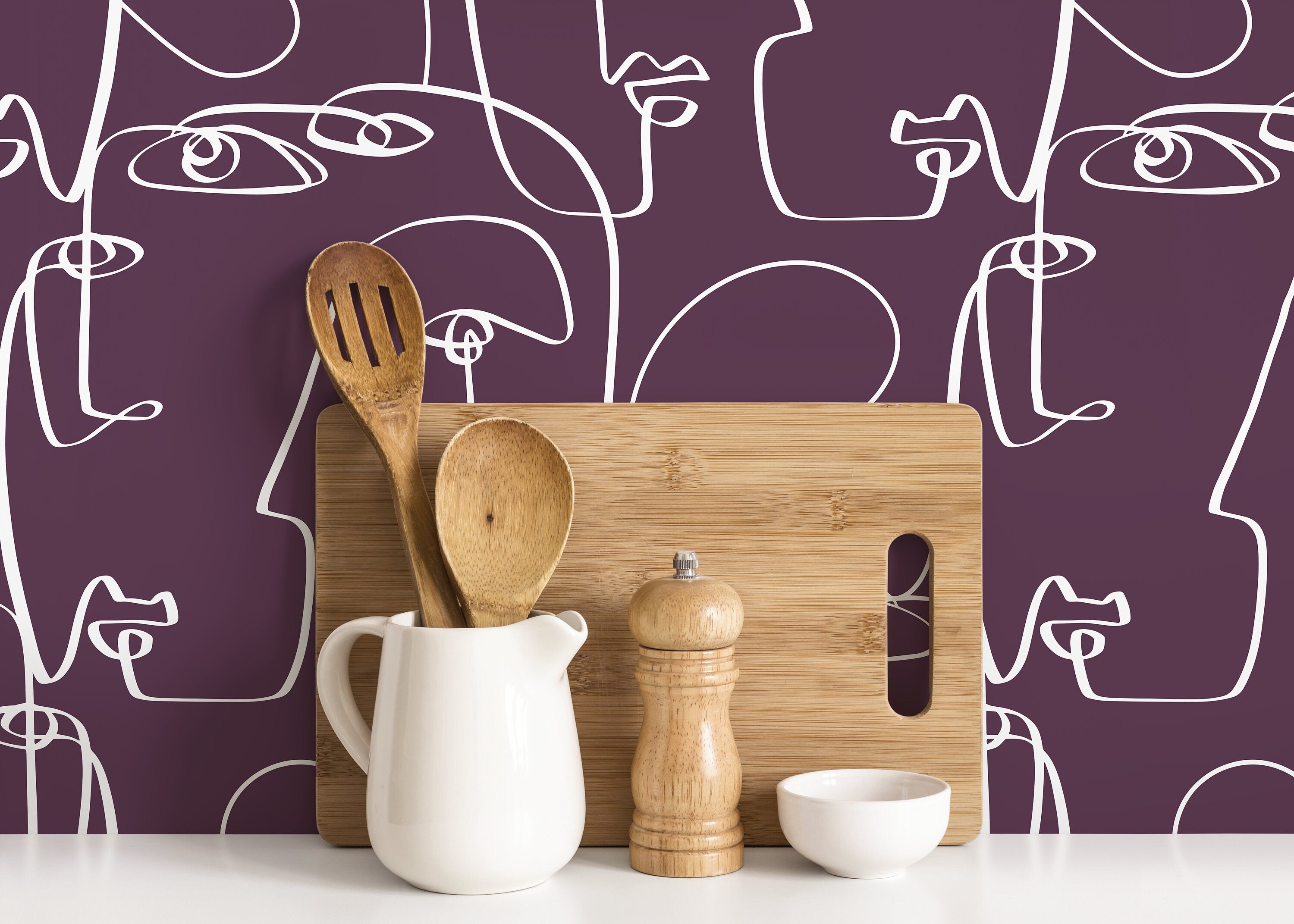 Line Art Wallpaper Featuring Abstract Faces In Purple And White - D495