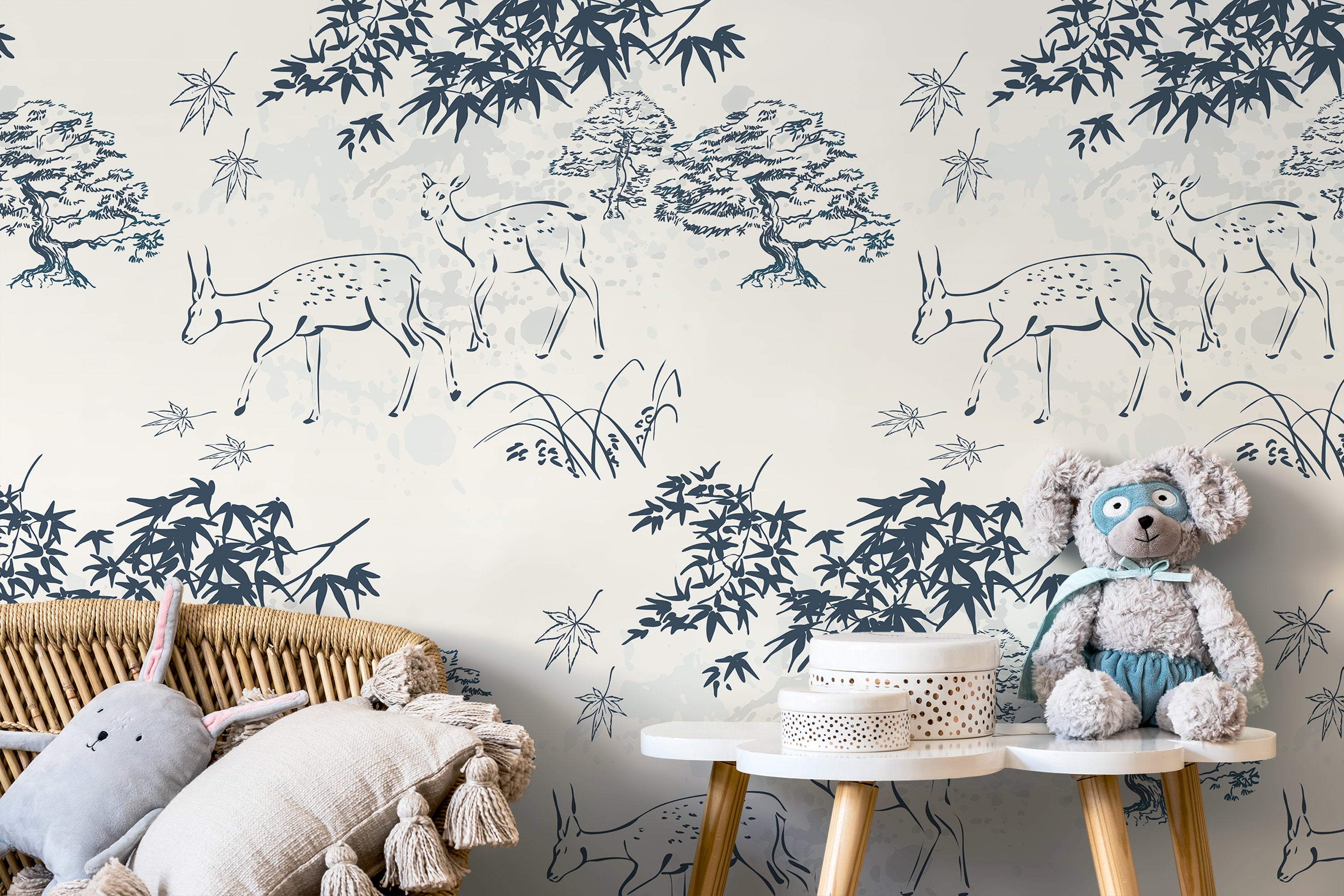 Japanese Wallpaper Featuring Illustrated Deer And Bonsai Trees In Blue And Grey - D496
